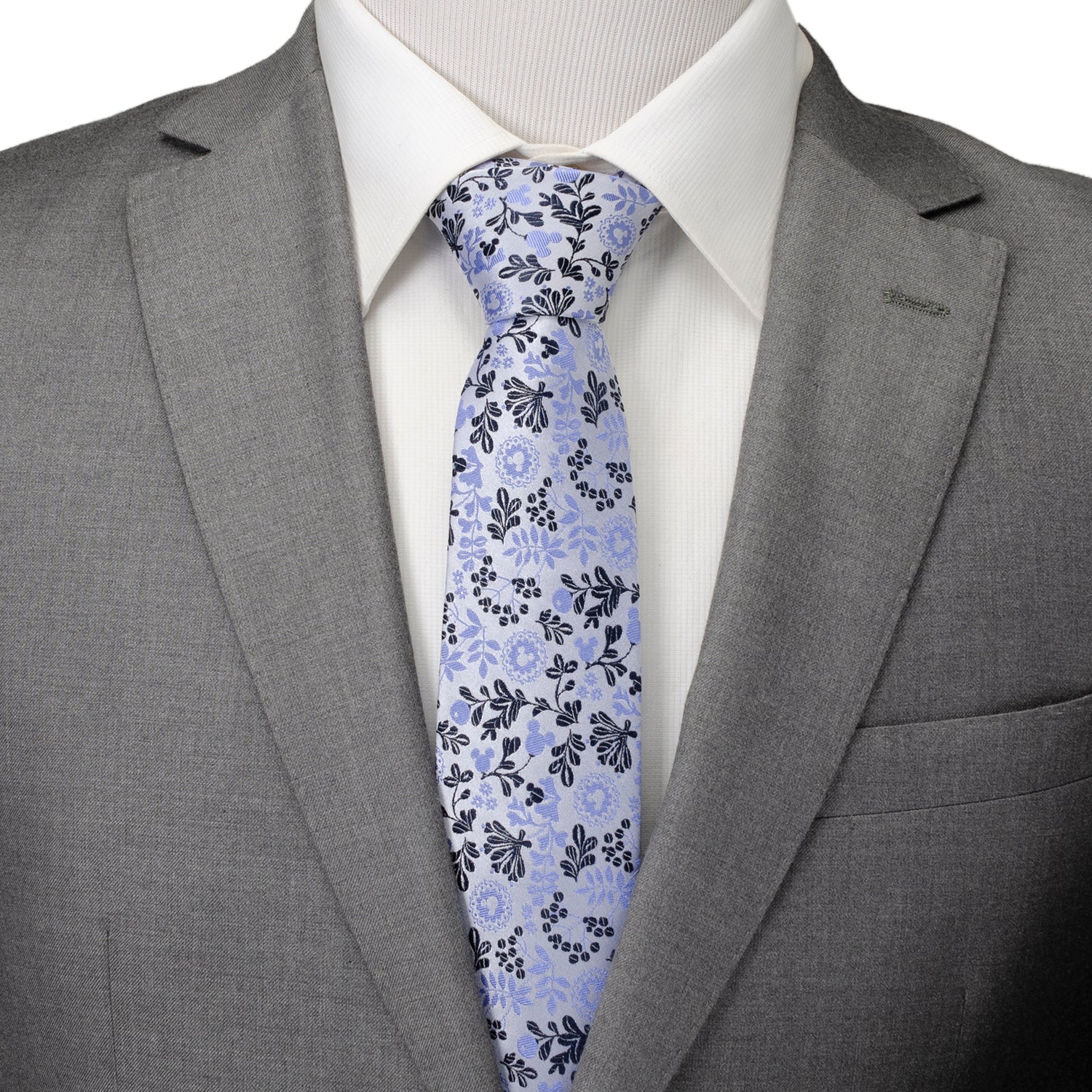 Disney Mickey Mouse Floral Silhouette Blue and White Tie