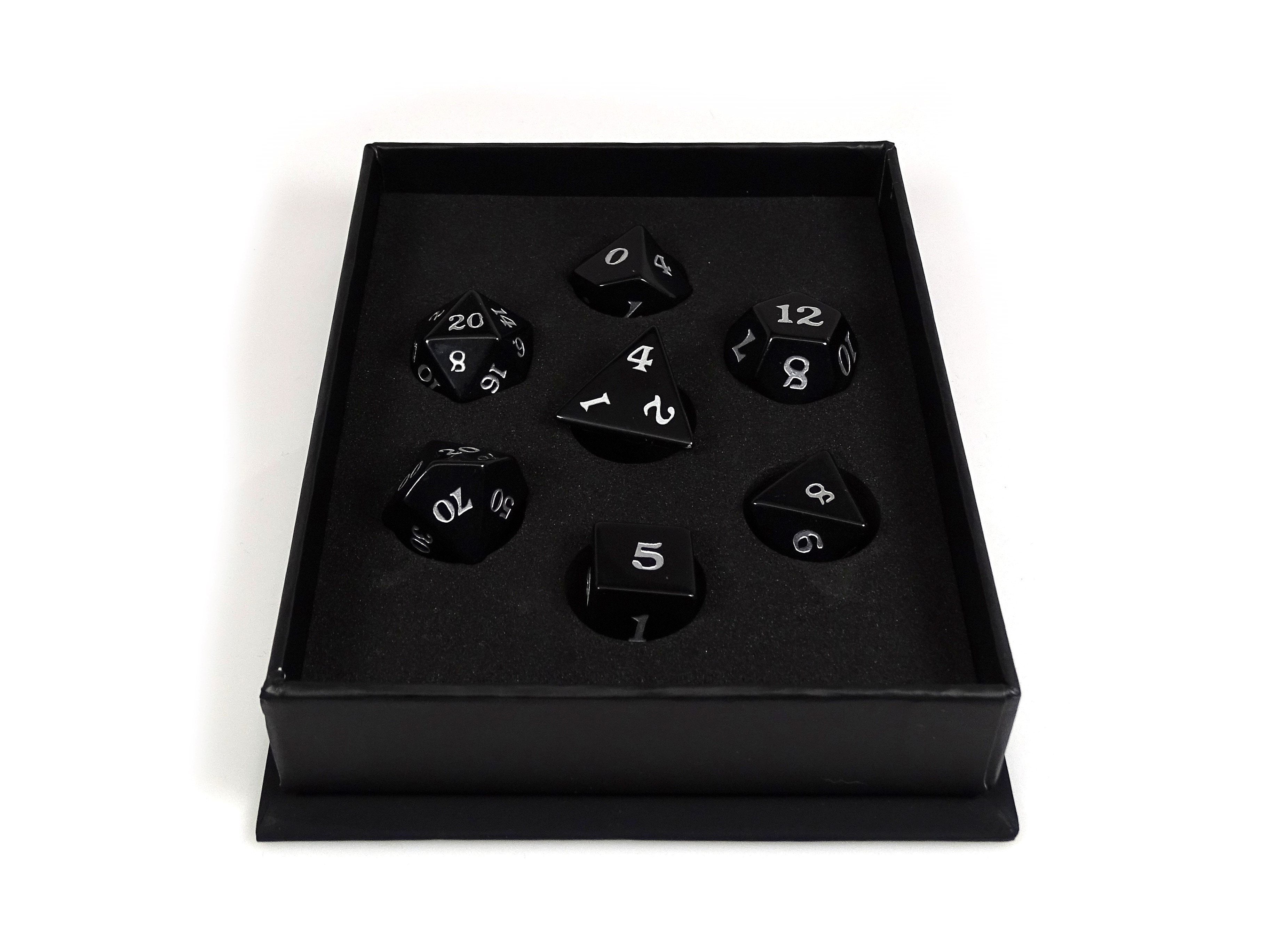 Black Obsidian Dice Set - Silver Signature Font