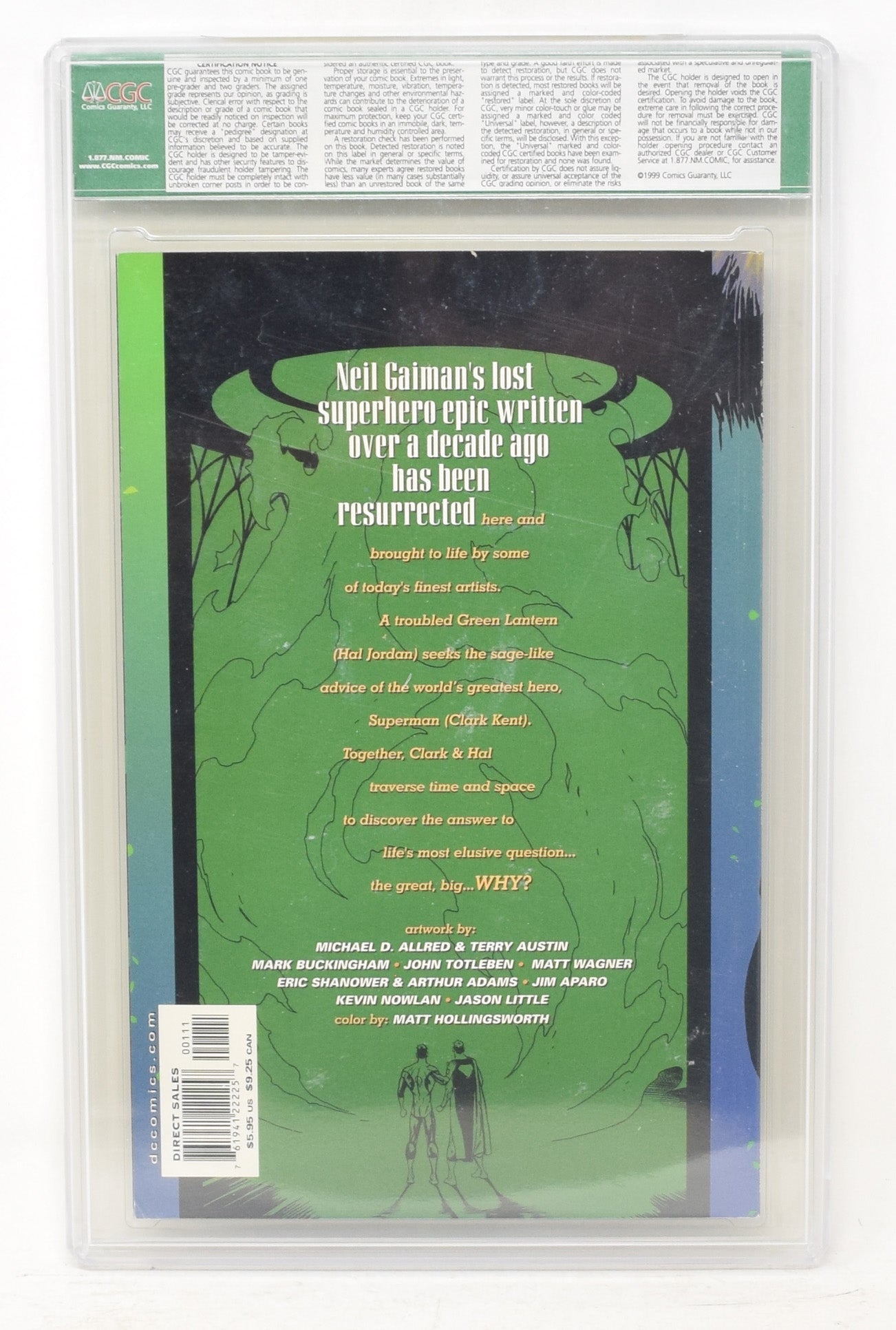 Green Lantern Superman Legend Of The Green Flame 1 DC 2000 CGC 9.4 Signed Jim Aparo DF