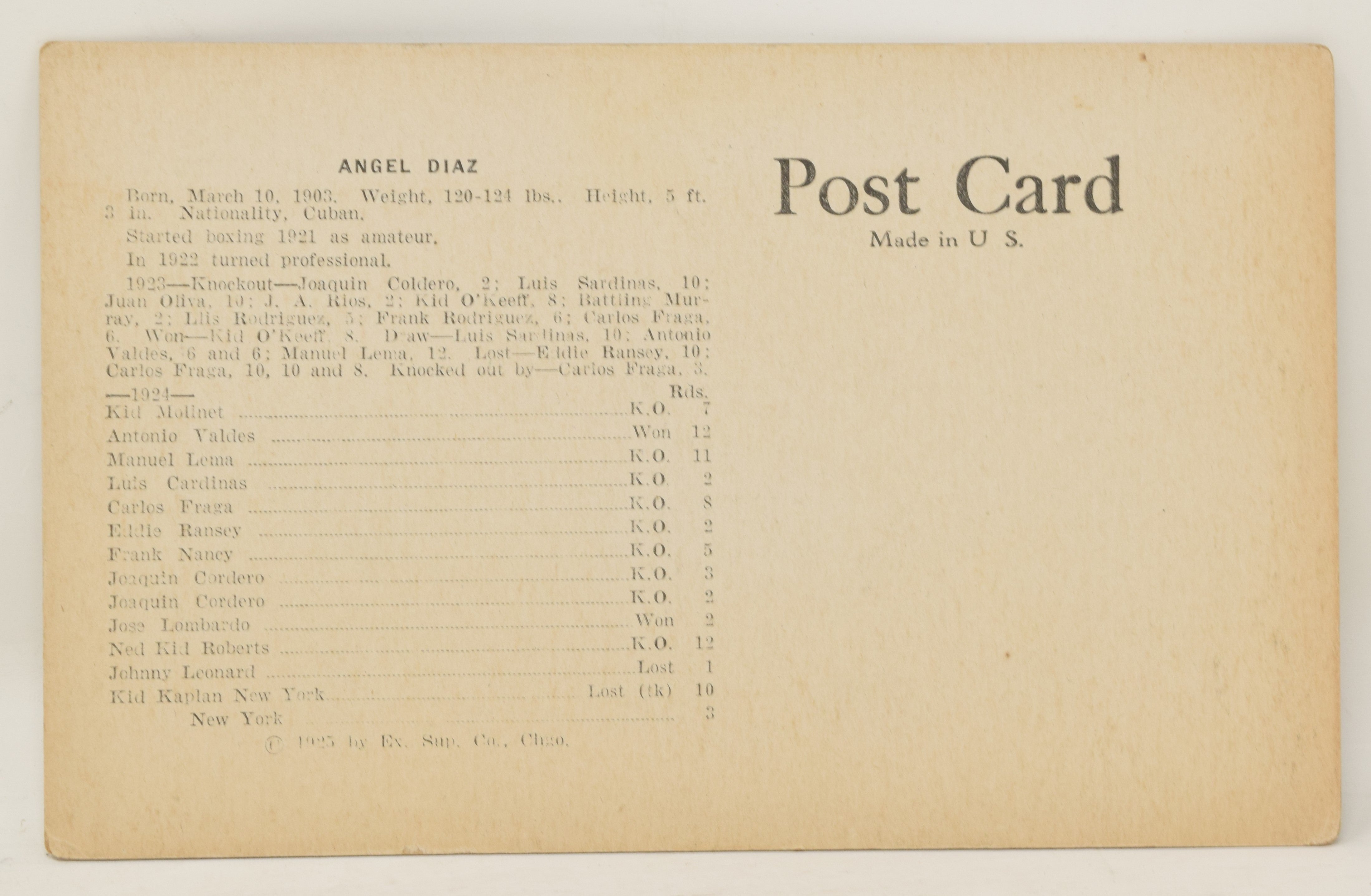 Angel Diaz Boxing Exhibit Card Postcard Penny Arcade Photo 1925 5 x 3