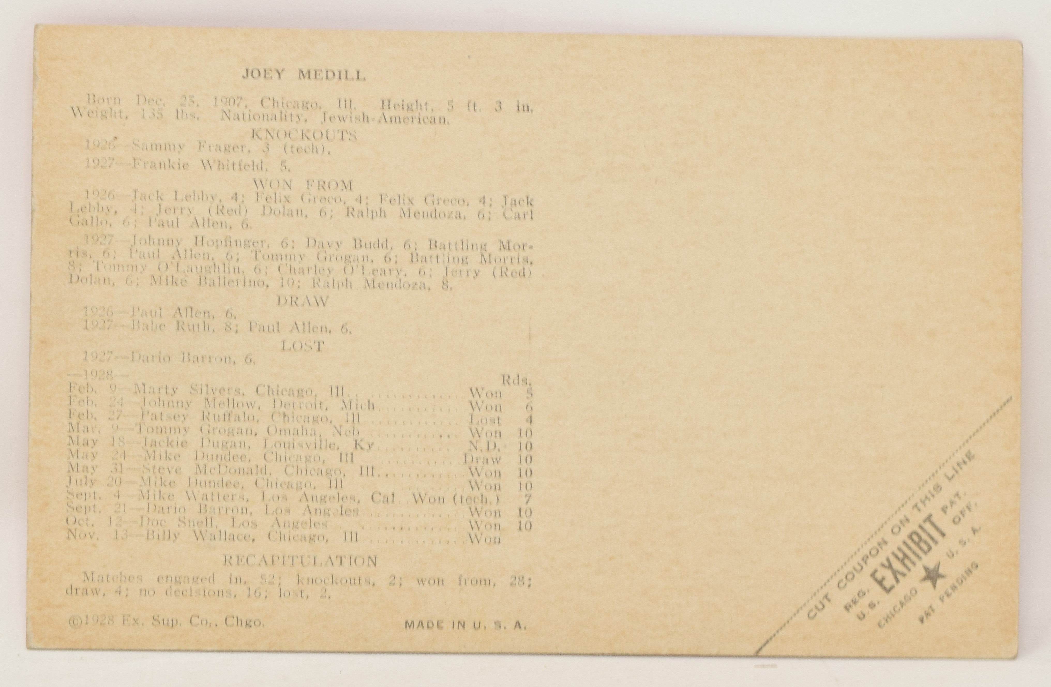 Joey Medill Boxing Exhibit Card Postcard Penny Arcade Photo 1928 5 x 3