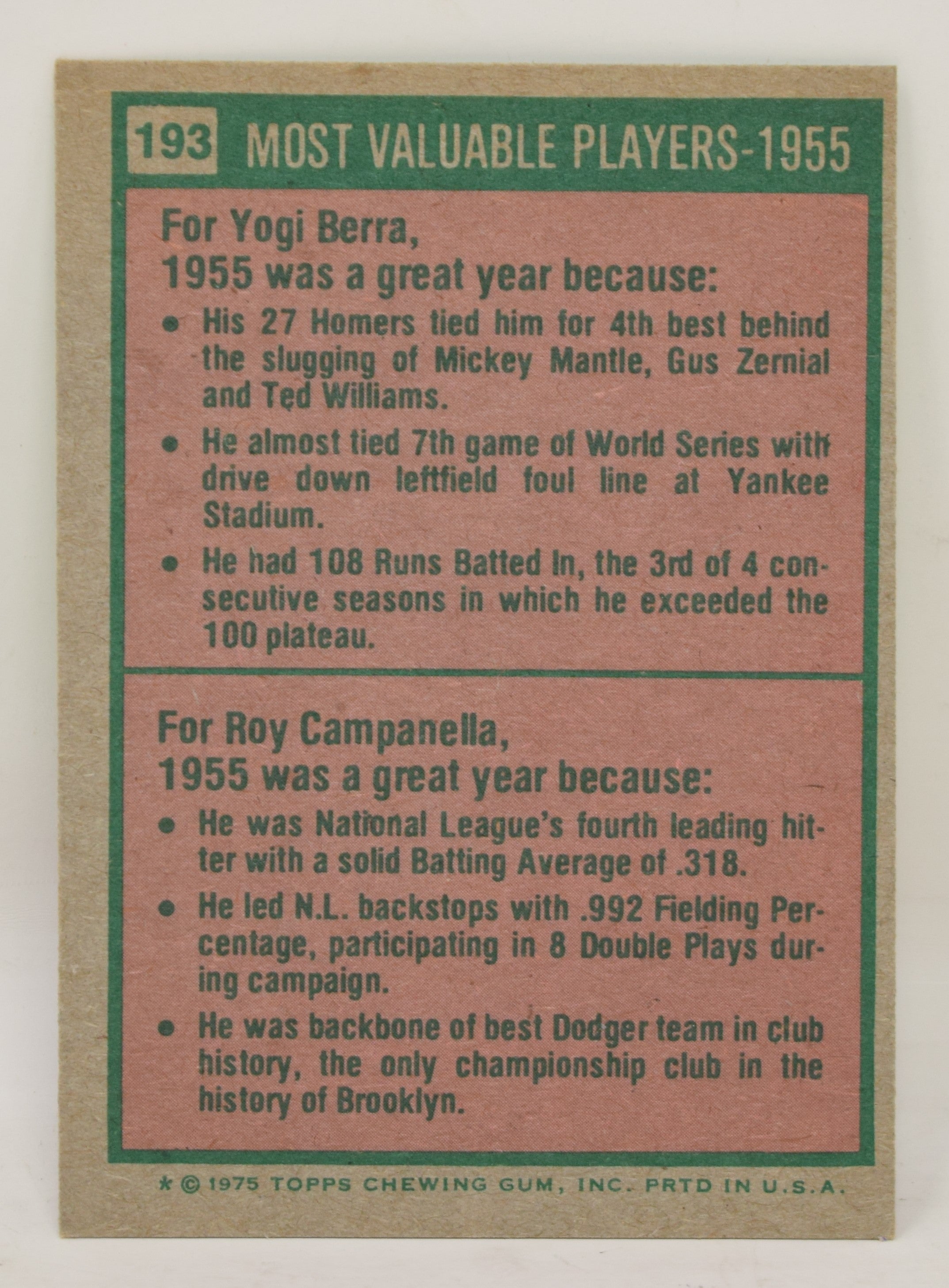 Yogi Berra Roy Campanella Baseball Card Topps 1975 Most Valuable Player 193