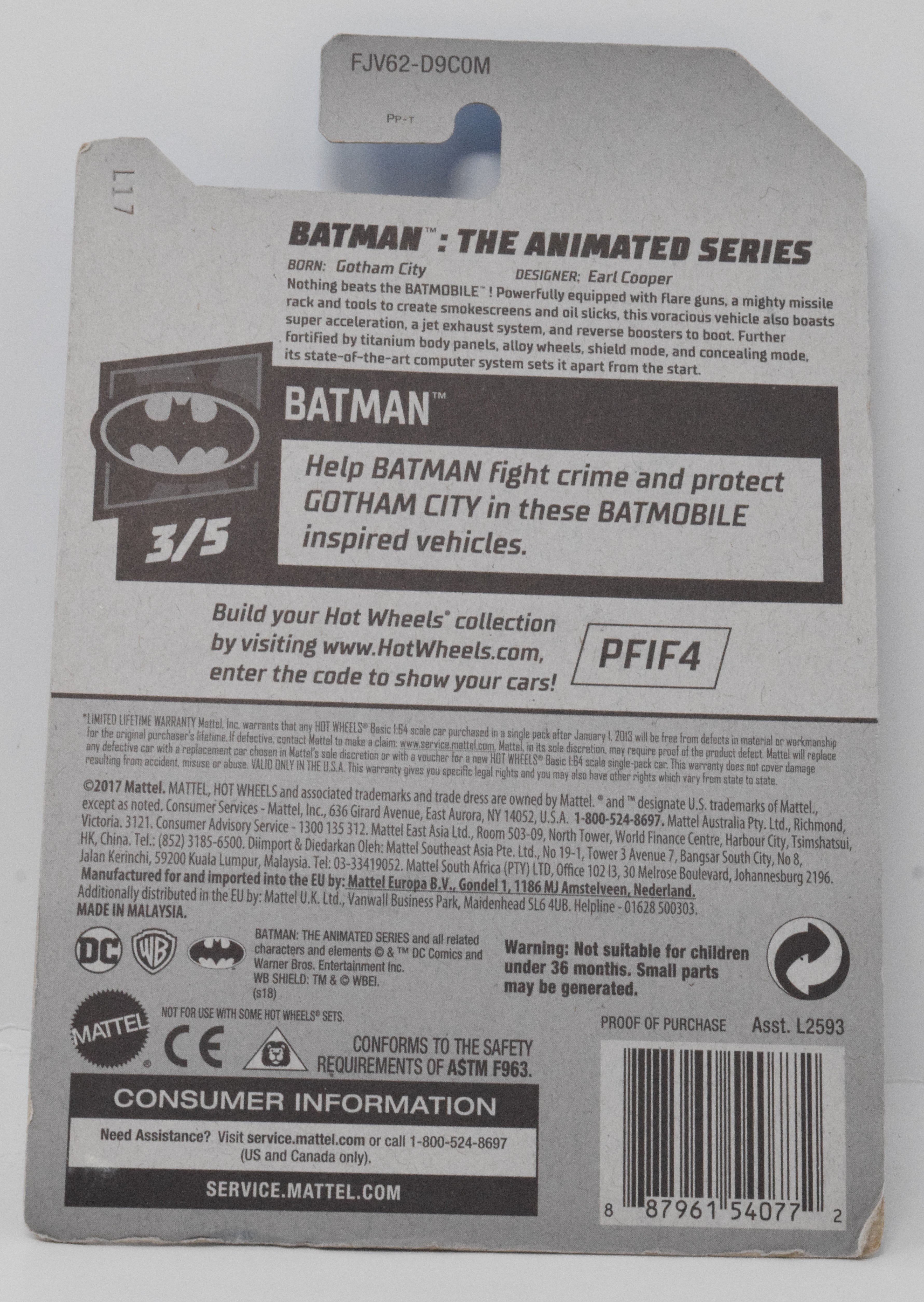 Hot Wheels Batman The Animated Series BatMobile 3/5 256 DieCast Car New
