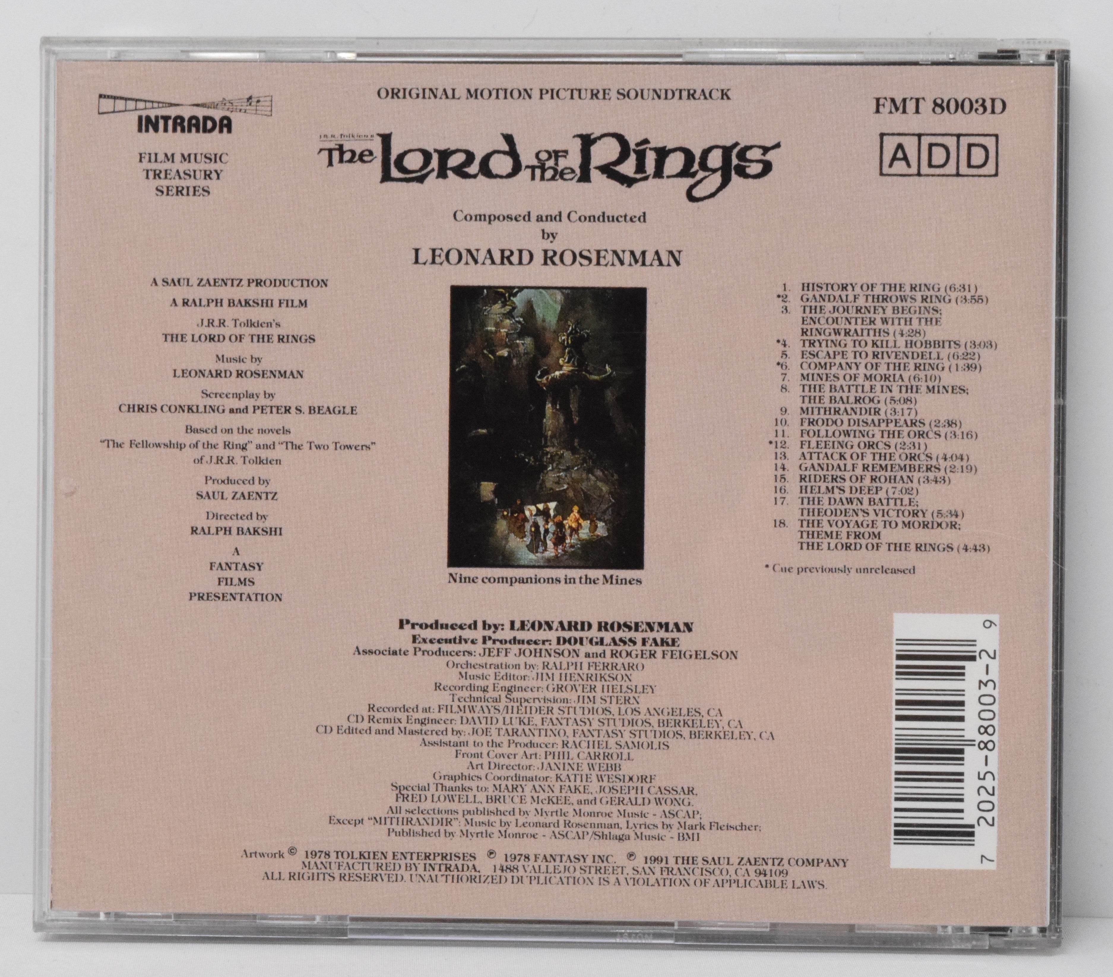 The Lord Of The Rings Soundtrack CD Leonard Rosenman Intrada FMT 1978