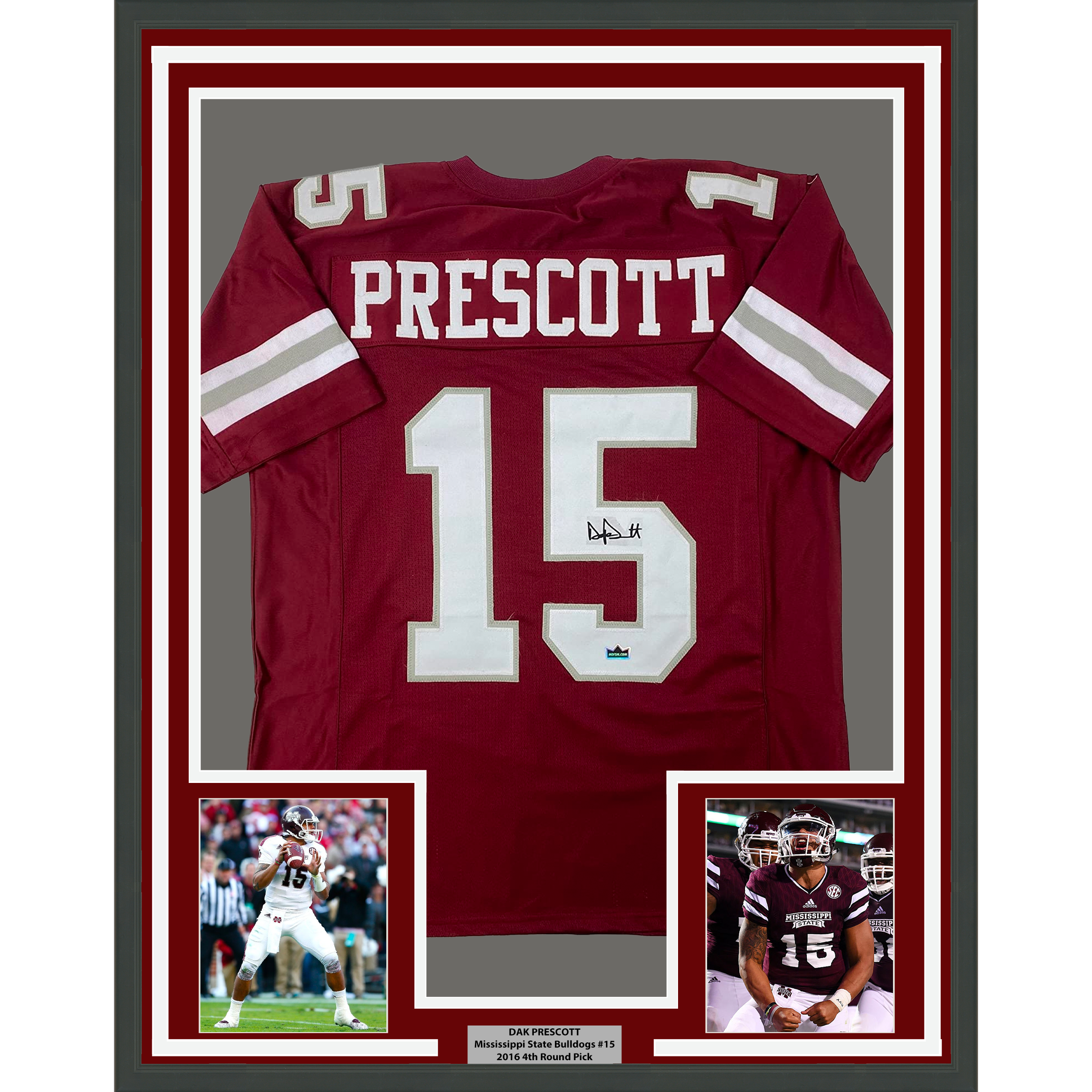 Framed Facsimile Autographed Dak Prescott 35x39 Mississippi State Maroon Reprint Laser Auto College Football Jersey Size Men's XL