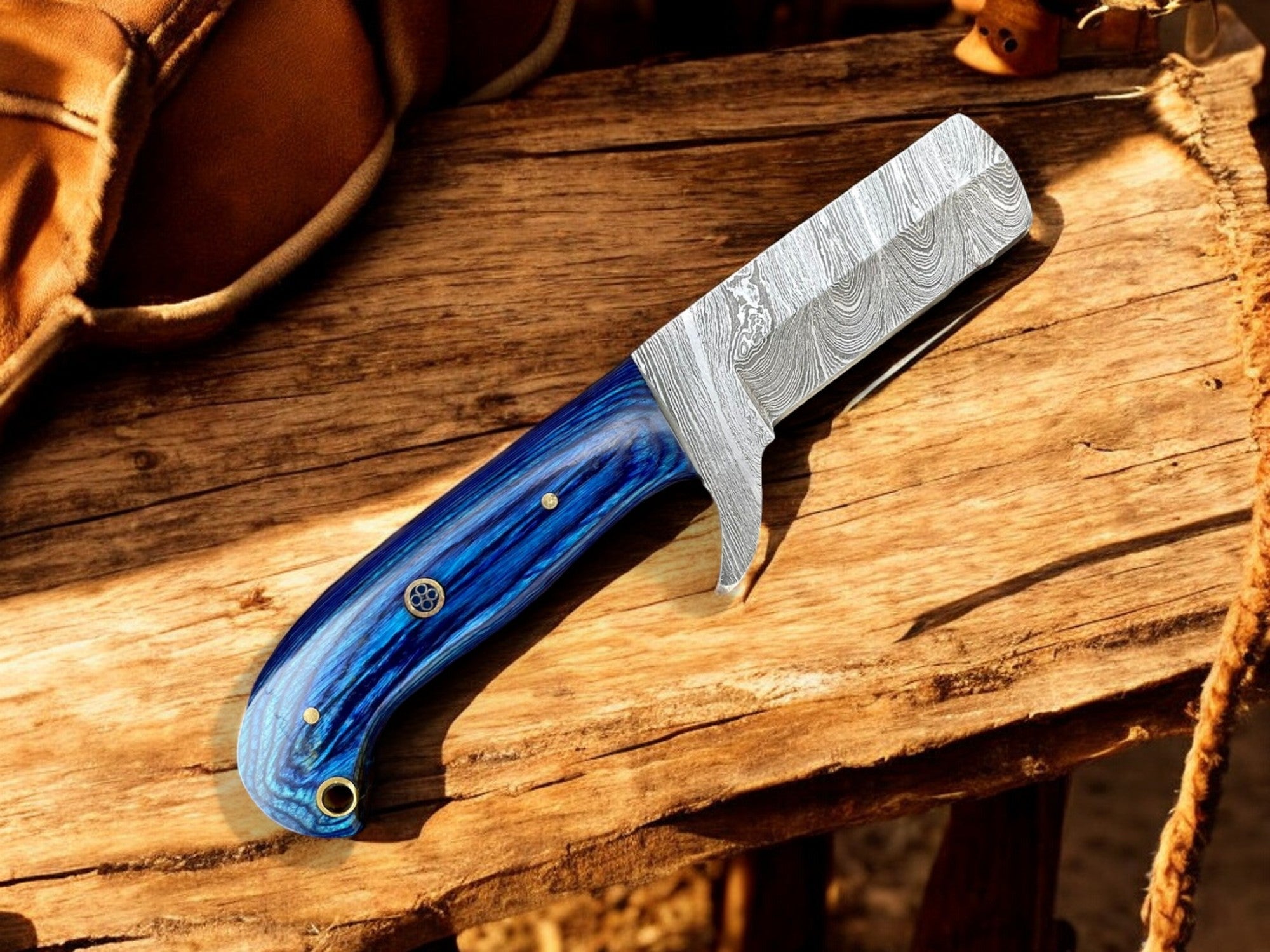 Premium Damascus Bull Cutter Knife - 7" Hand Forged Steel with Exotic Blue Wood Handle