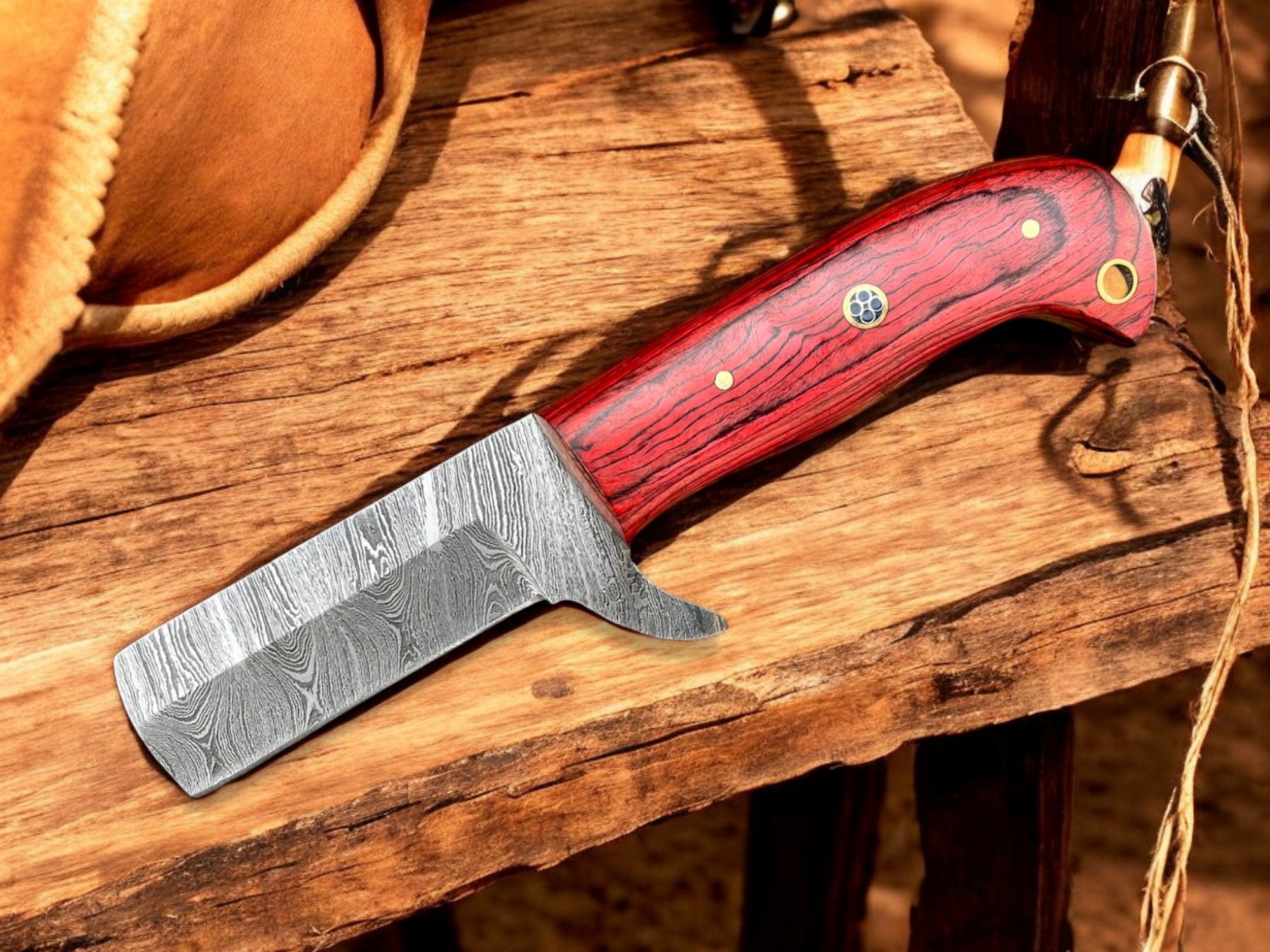 Premium Damascus Steel Bull Cutter Knife - 7" Exotic Redwood Handle with Western Sheath