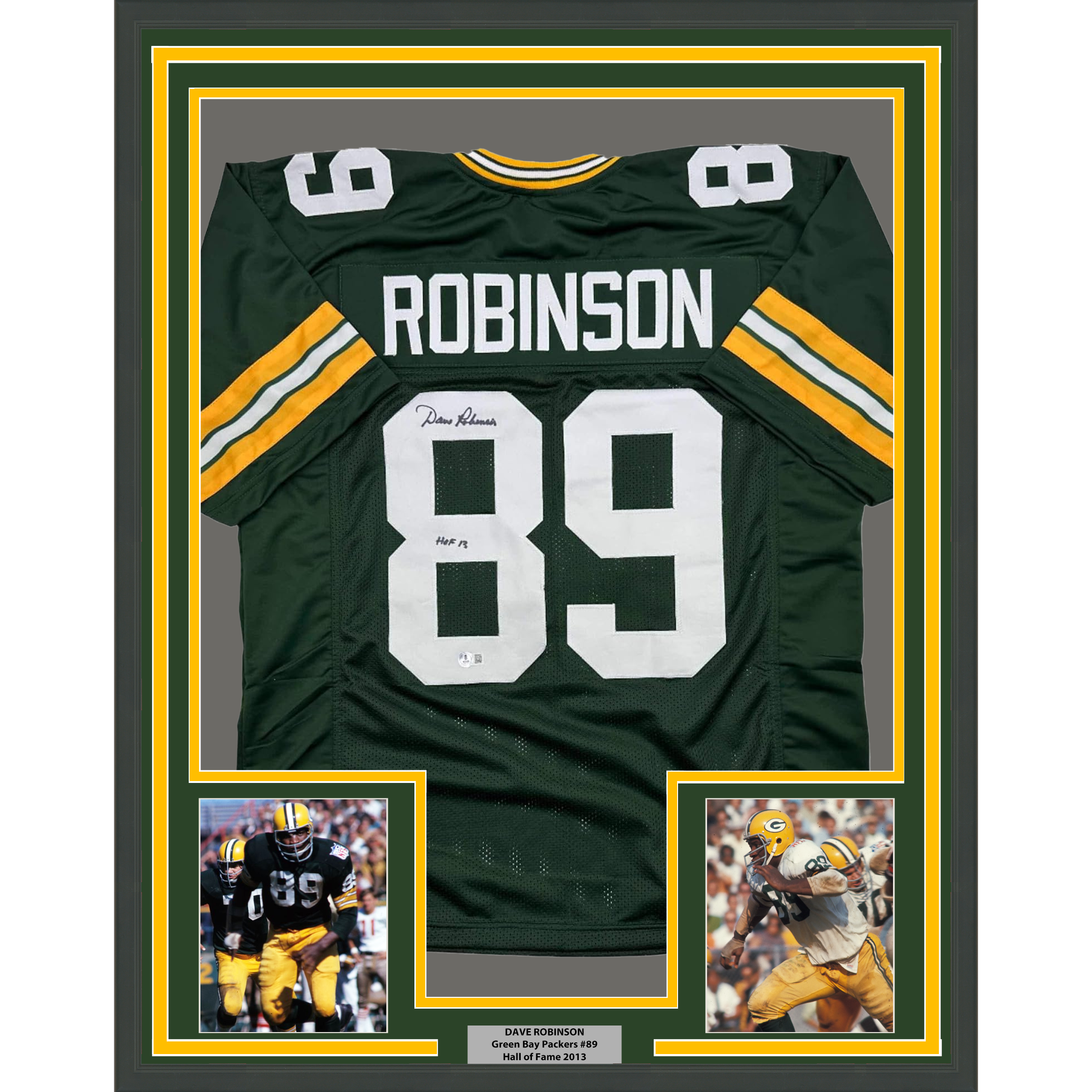 Framed Autographed/Signed Dave Robinson HOF 2013 35x39 Green Bay Packers Green Football Jersey JSA COA