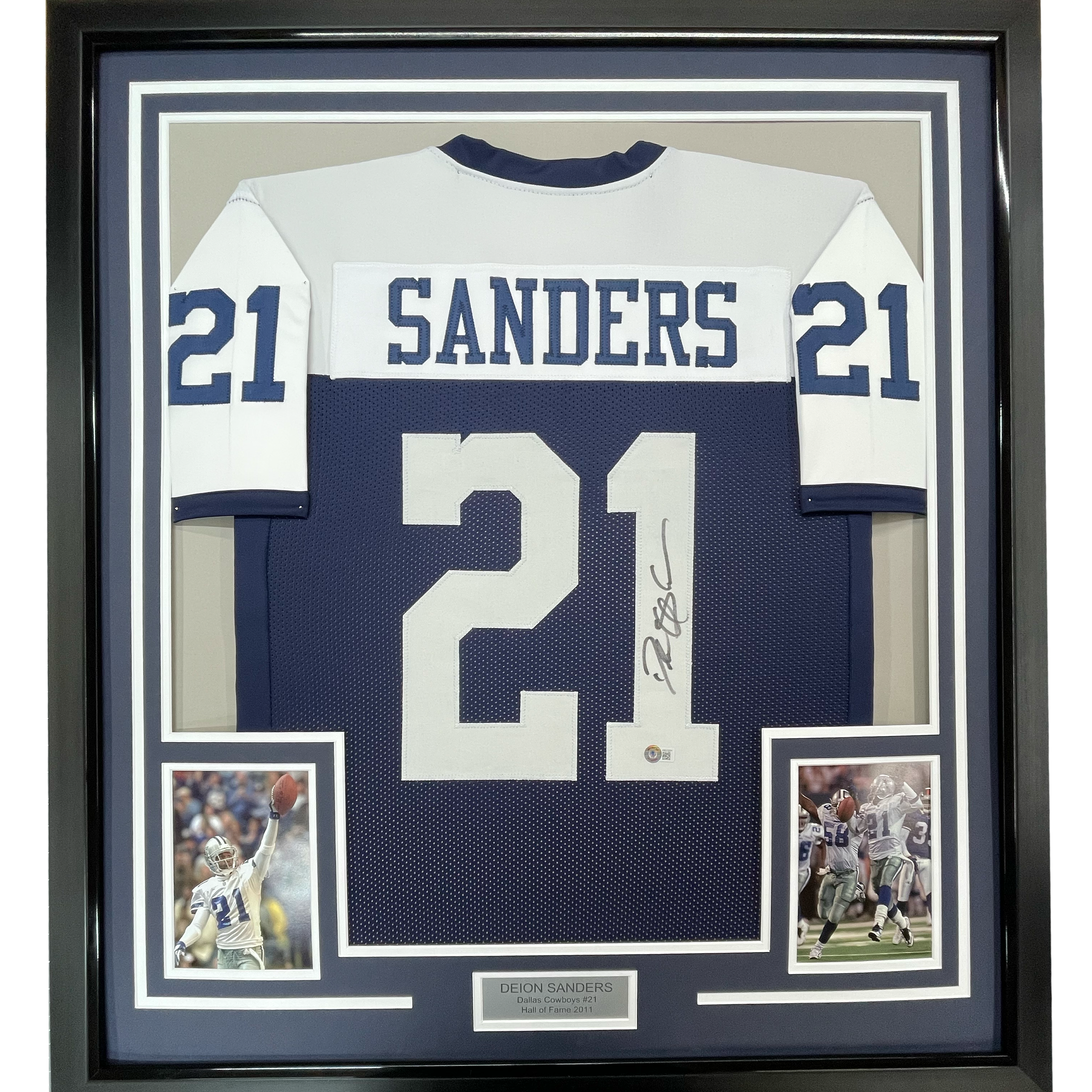 Framed Autographed/Signed Deion Sanders 35x39 Dallas Thanksgiving Day Football Jersey Beckett BAS COA