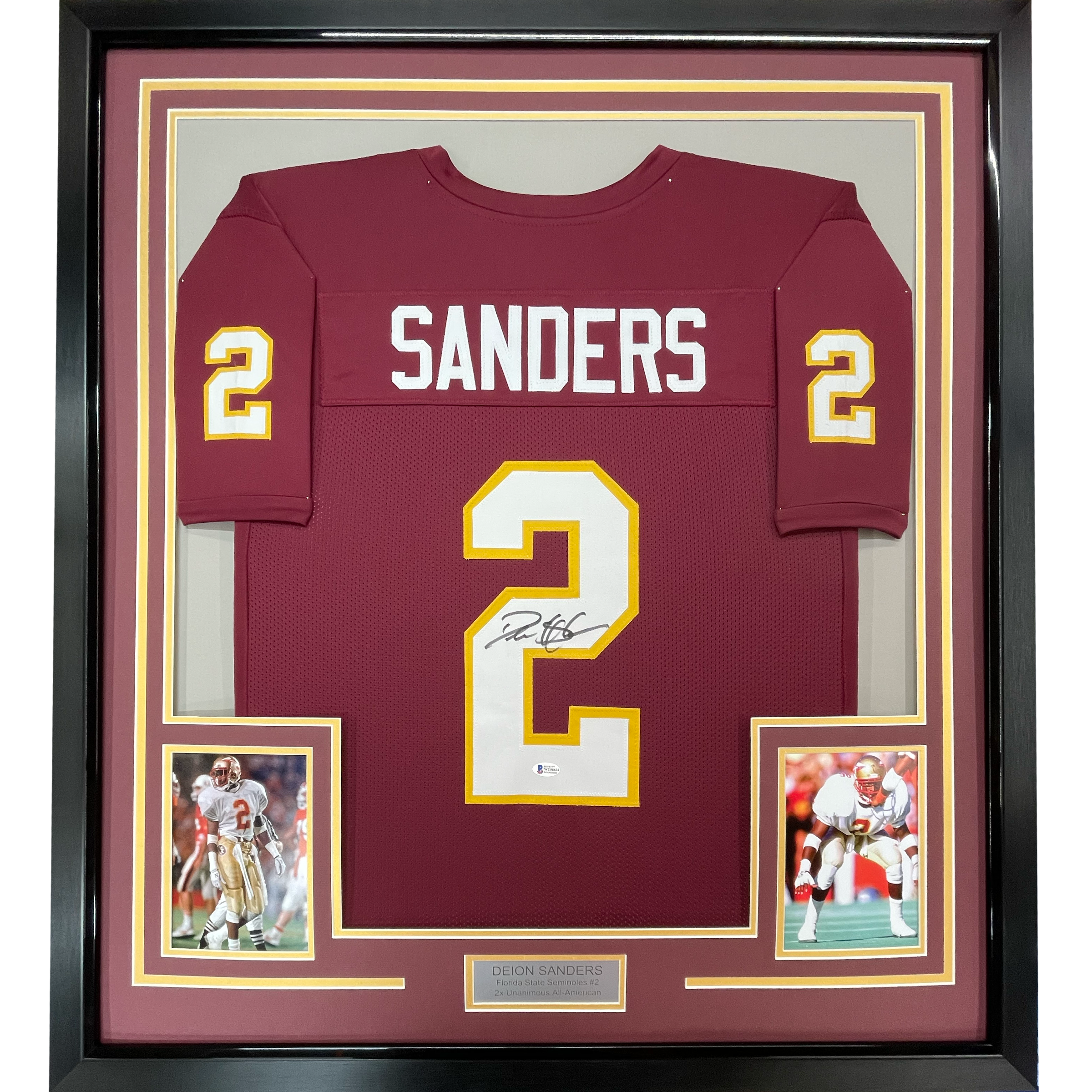 Framed Autographed/Signed Deion Sanders 35x39 Florida State Maroon College Football Jersey JSA COA