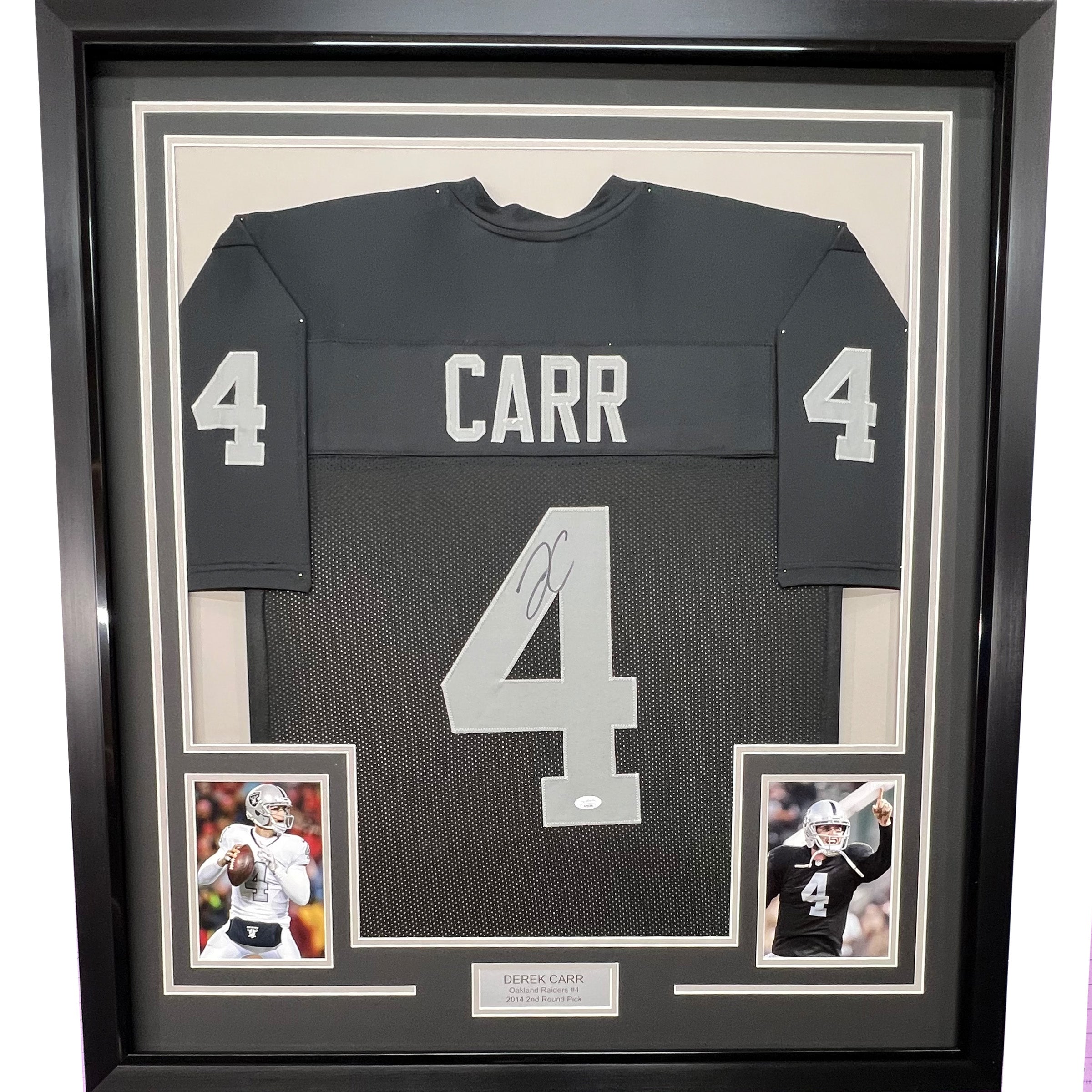 Framed Autographed/Signed Derek Carr 35x39 Las Vegas Oakland Black Football Jersey JSA COA
