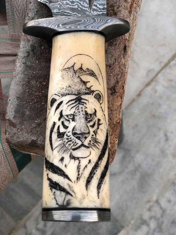 Hand Engraved Hunting Bowie Knife - Custom Handcrafted Damascus Steel Blade, Hand Engraved Bone Handle, Damascus Guard, 12" Overall Length | Leather Sheath | Personalized Engraving Available | KBS Knives