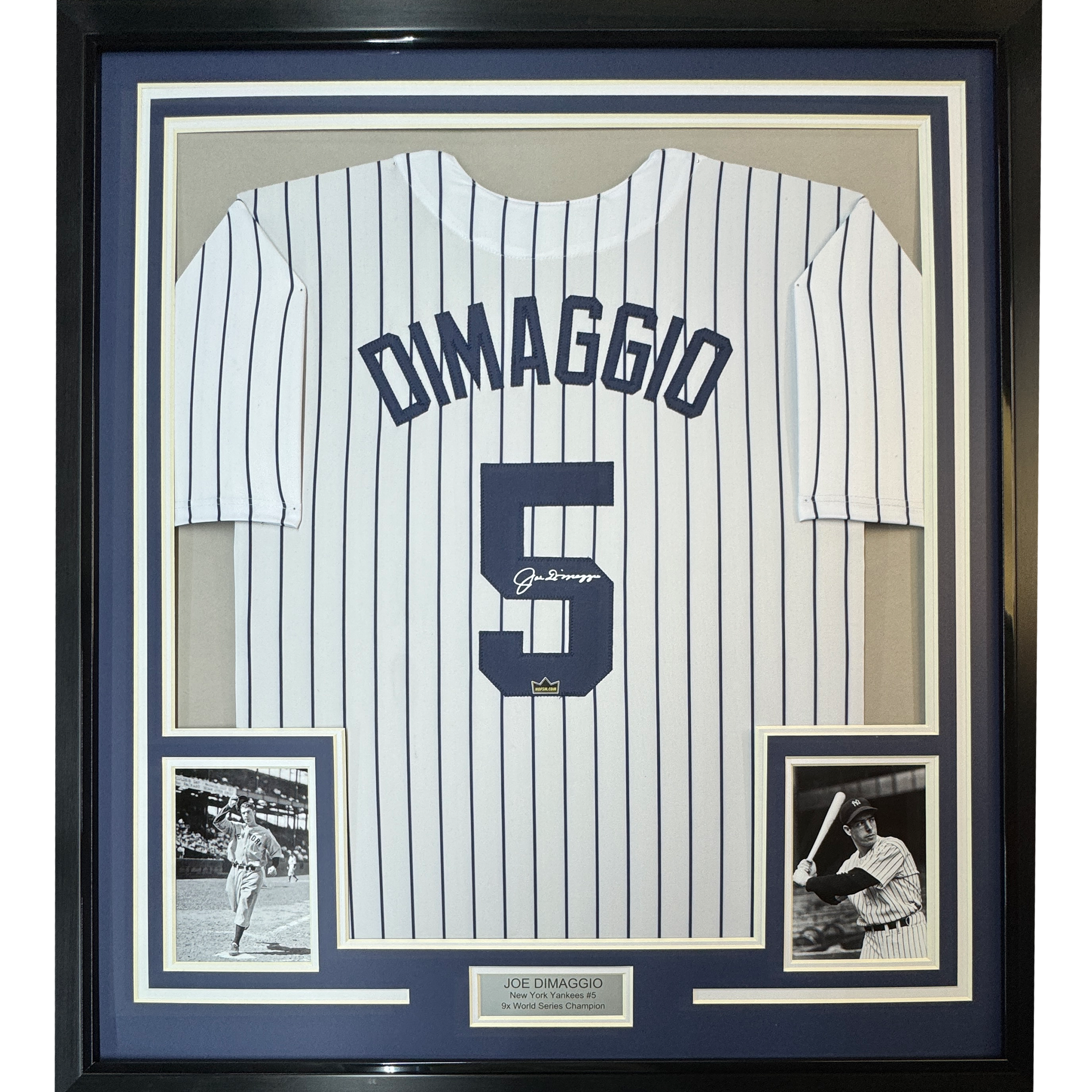Framed Facsimile Autographed Joe DiMaggio 35x39 New York Pinstripe Reprint Laser Auto Baseball Jersey
