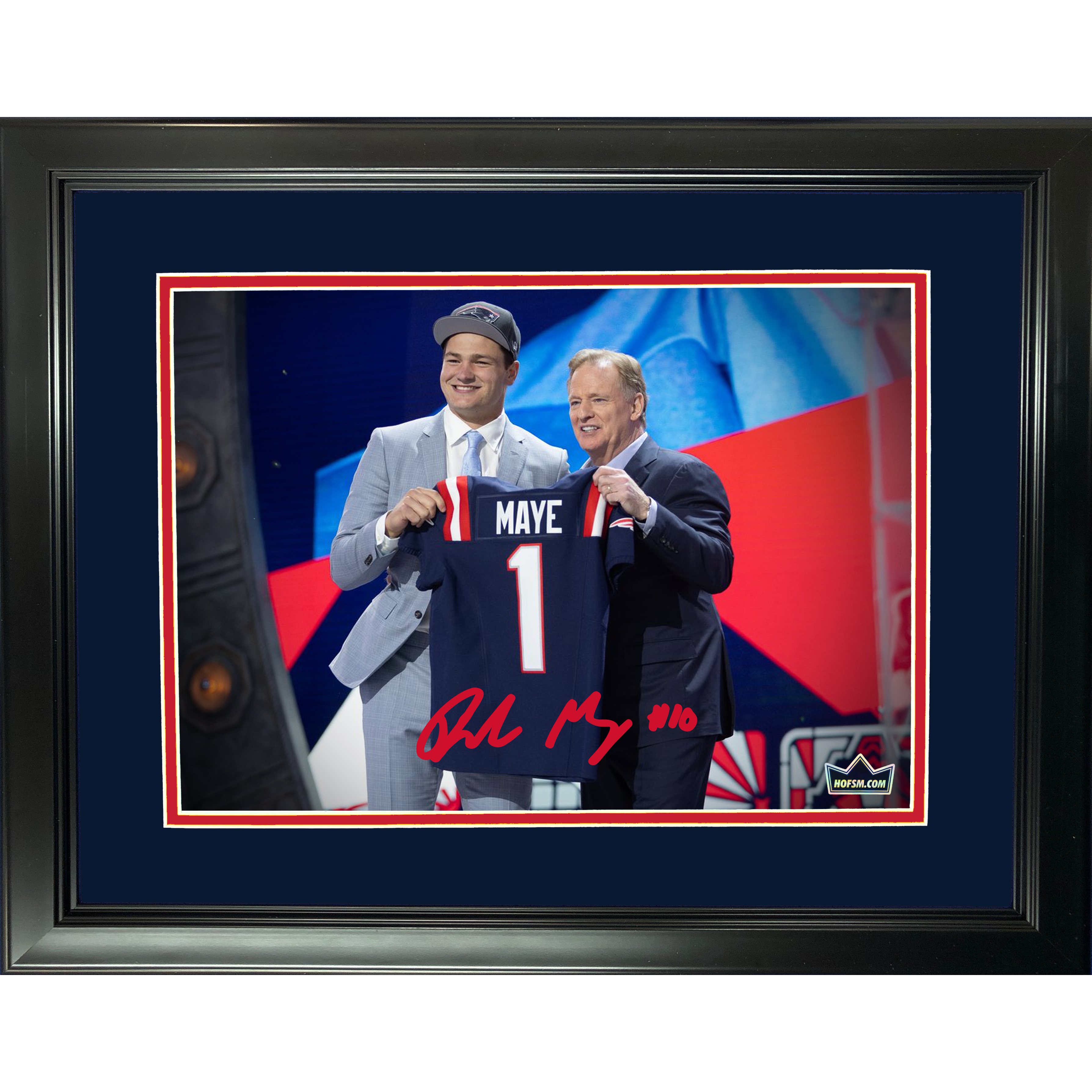 Framed Drake Maye Draft Facsimile Laser Engraved Signature Auto New England Patriots 11"x14" Football Photo HOFSM Holo