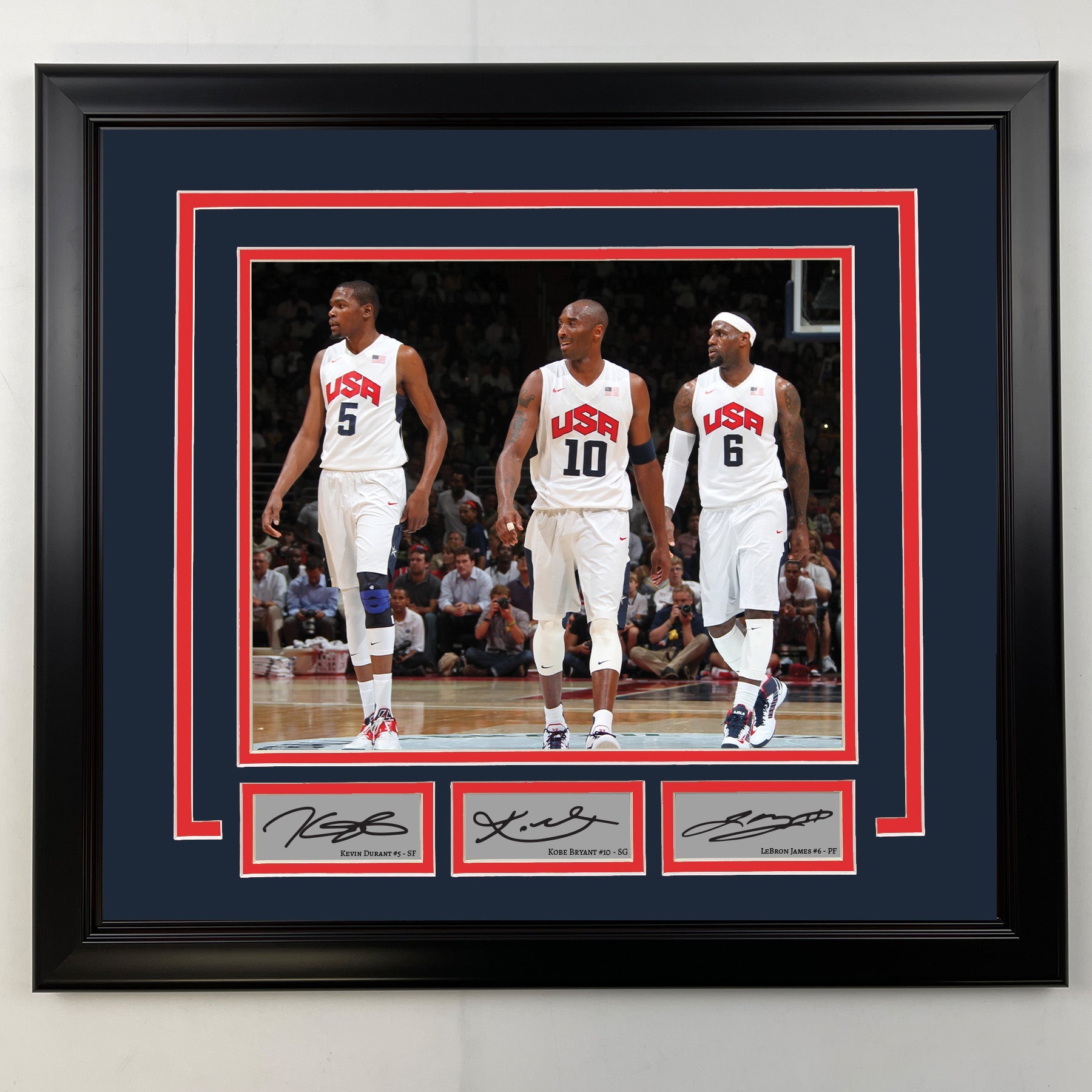 Framed Kevin Durant, Kobe Bryant and LeBron James Facsimile Laser Engraved Signatures USA 19x21 Basketball Photo