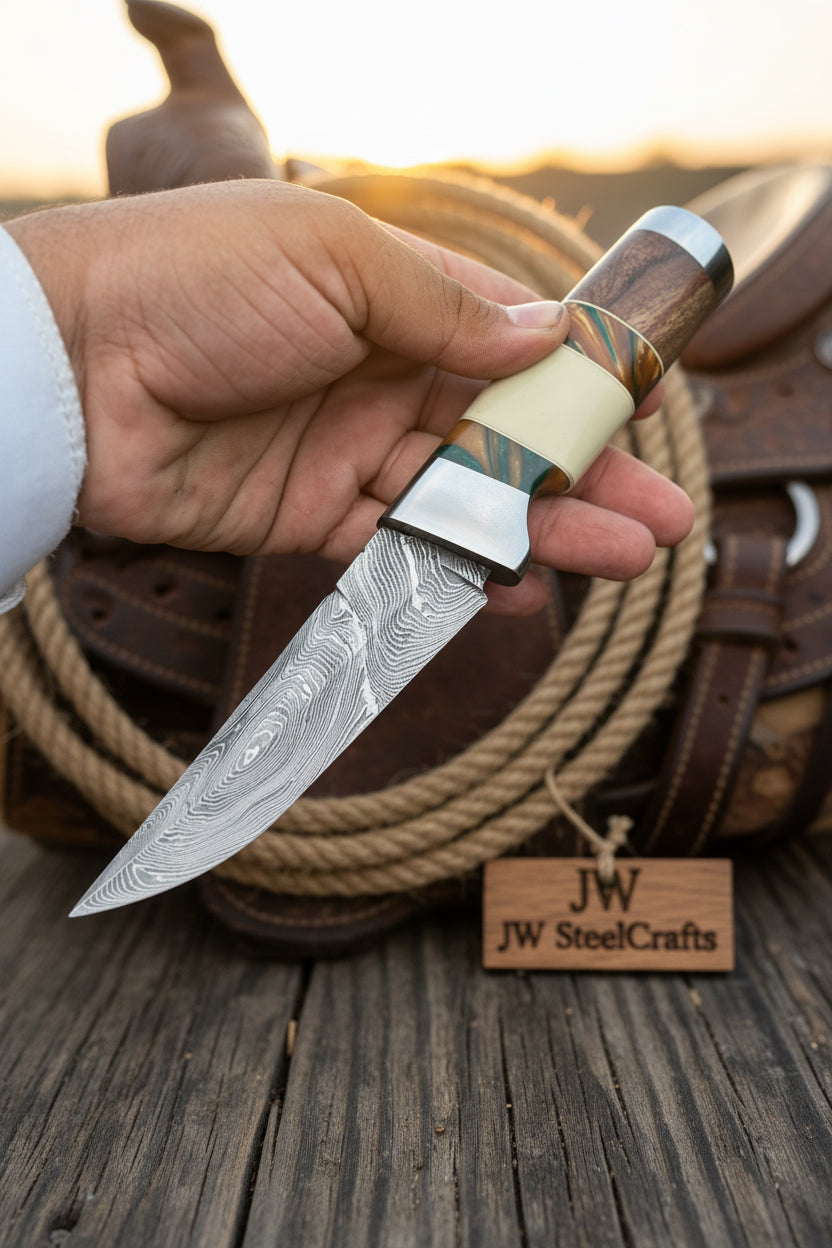 Hunting Knife 4.5” Damascus Steel Straight Back Blade Hybrid Wood Resin Handle Viking-Inspired