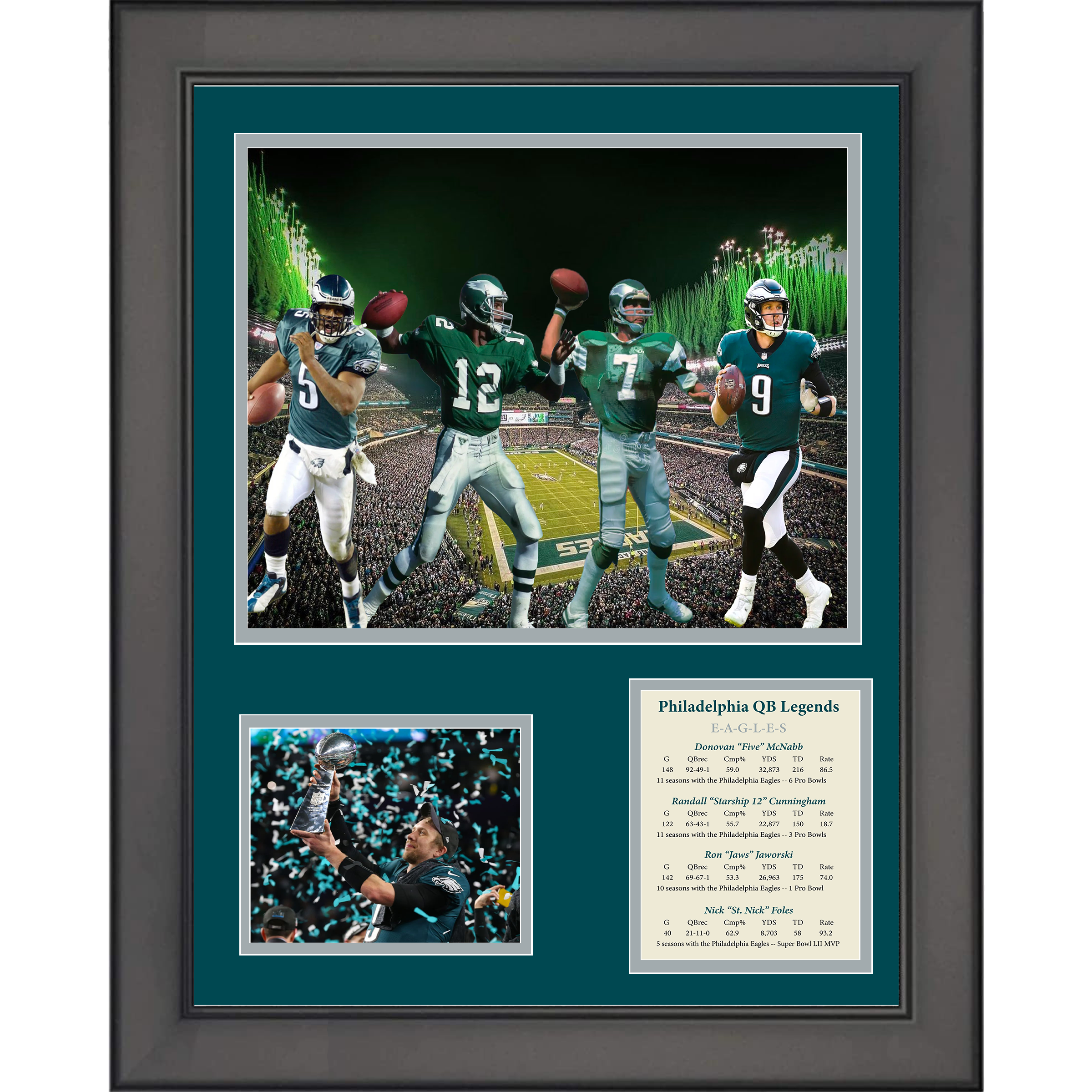Framed Philadelphia Eagles QB Legends McNabb, Cunningham, Jaworski & Foles 11"x14" Football Three Photo Collage
