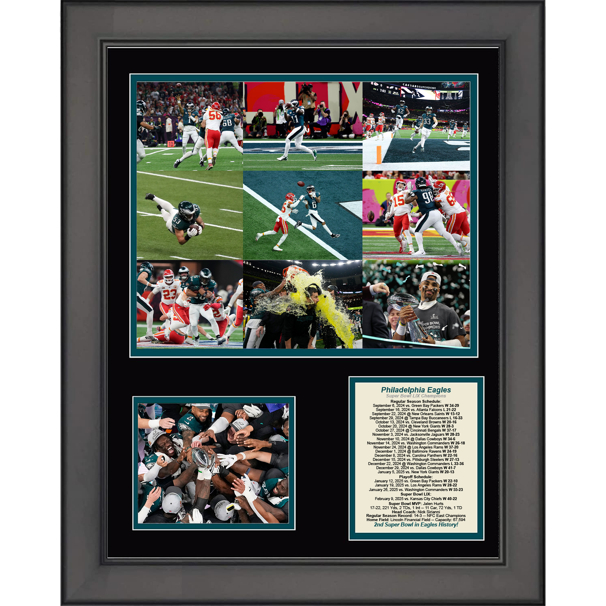 Framed Philadelphia Eagles Super Bowl LIX 59 Champions Football 11"x14" Three Photo Collage