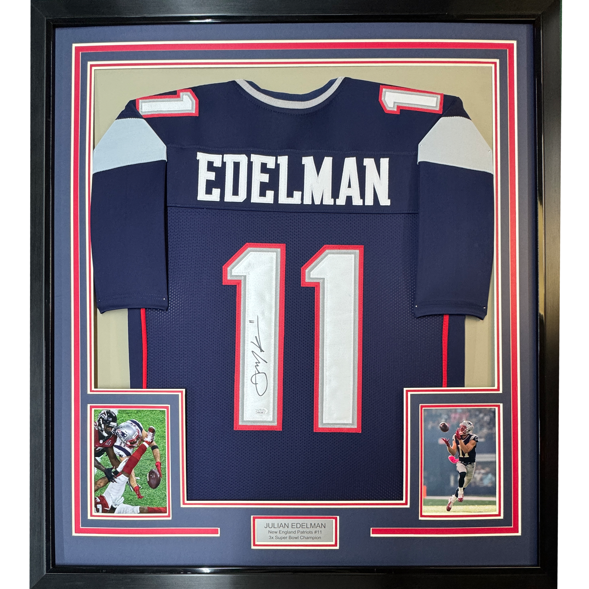 Framed Autographed/Signed Julian Edelman 35x39 New England Blue Football Jersey JSA COA