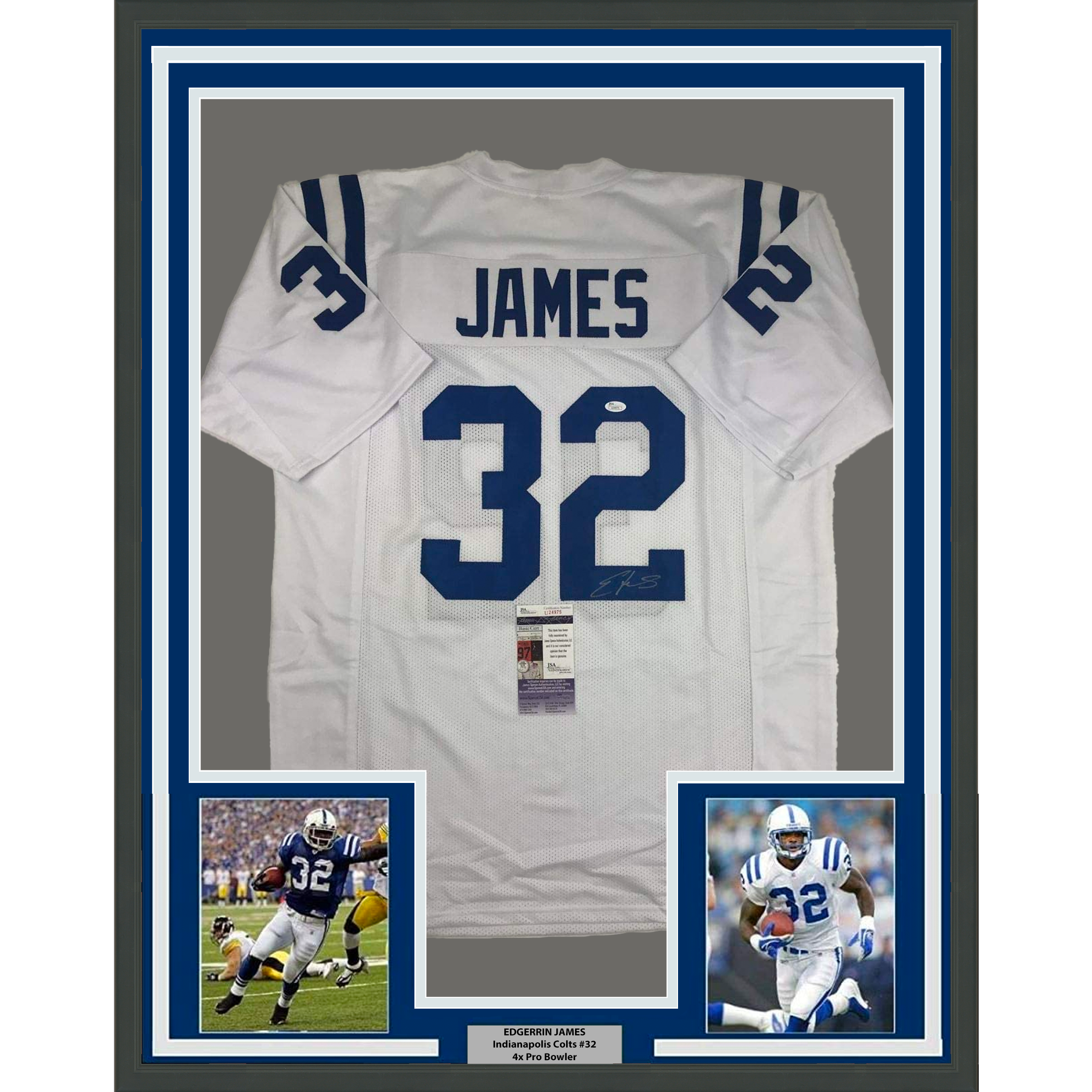 Framed Autographed/Signed Edgerrin James 35x39 Indianapolis White Football Jersey JSA COA
