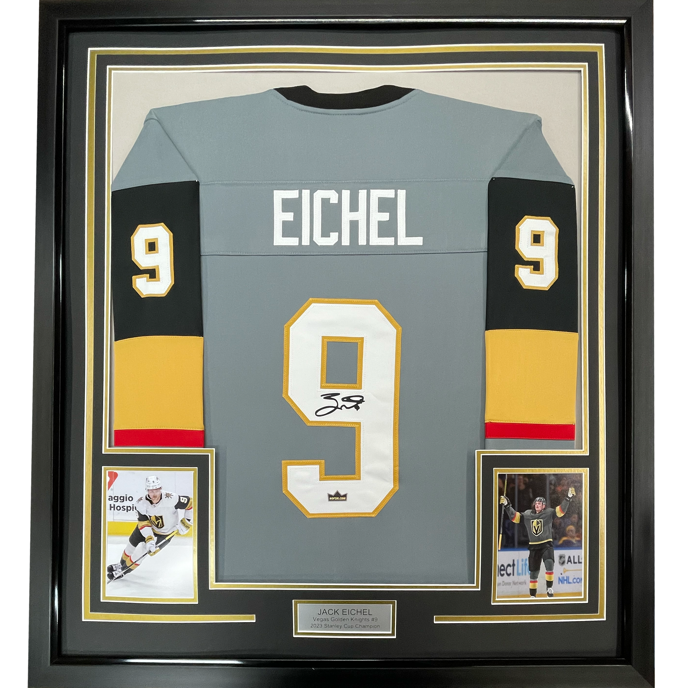 Framed Facsimile Autographed Jack Eichel 35x39 Vegas Grey Reprint Laser Auto Hockey Jersey