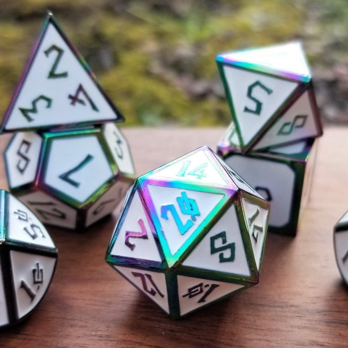 Elder Runes White And Irridescent Metal Dice Set