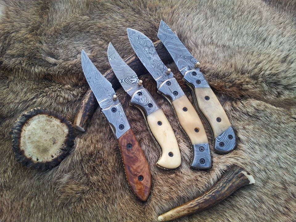 Everyday Carry Deal of 3 Damascus Steel Folding Pocket Knives with Bone and Burl Olivewood Handles – The Trio Edge