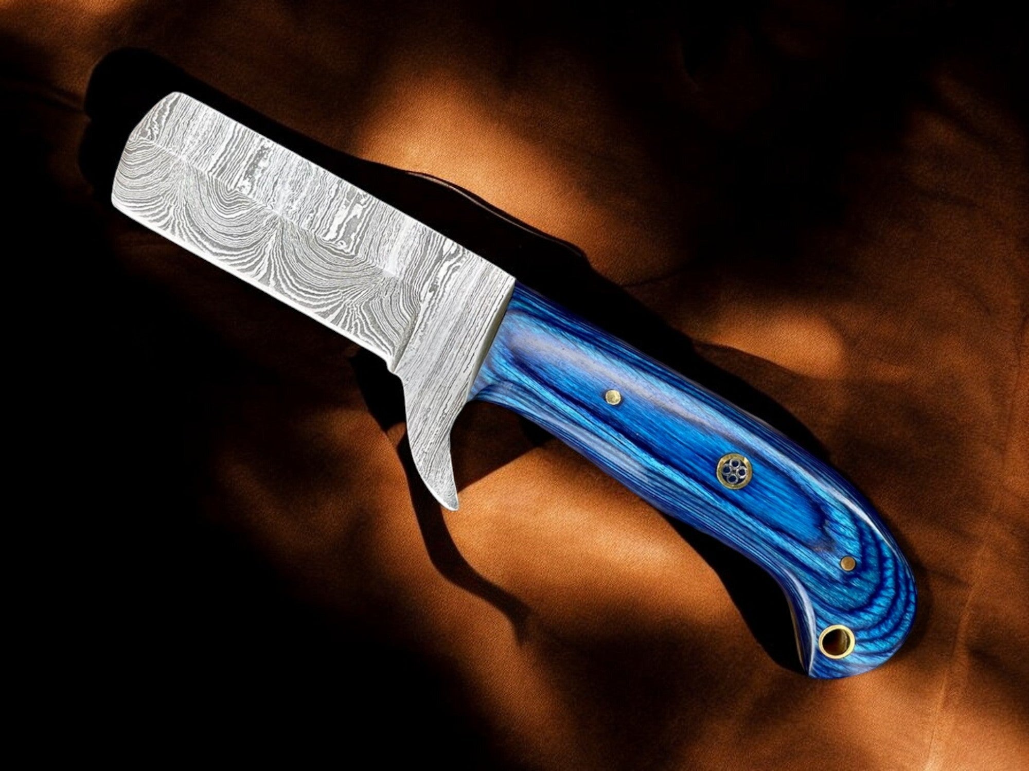 Premium Damascus Bull Cutter Knife - 7" Hand Forged Steel with Exotic Blue Wood Handle