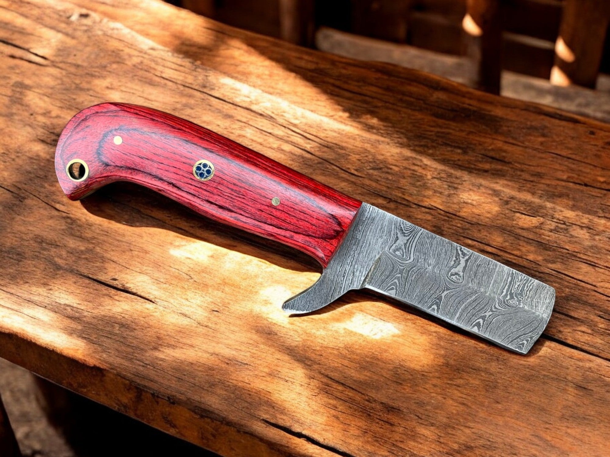 Premium Damascus Steel Bull Cutter Knife - 7" Exotic Redwood Handle with Western Sheath