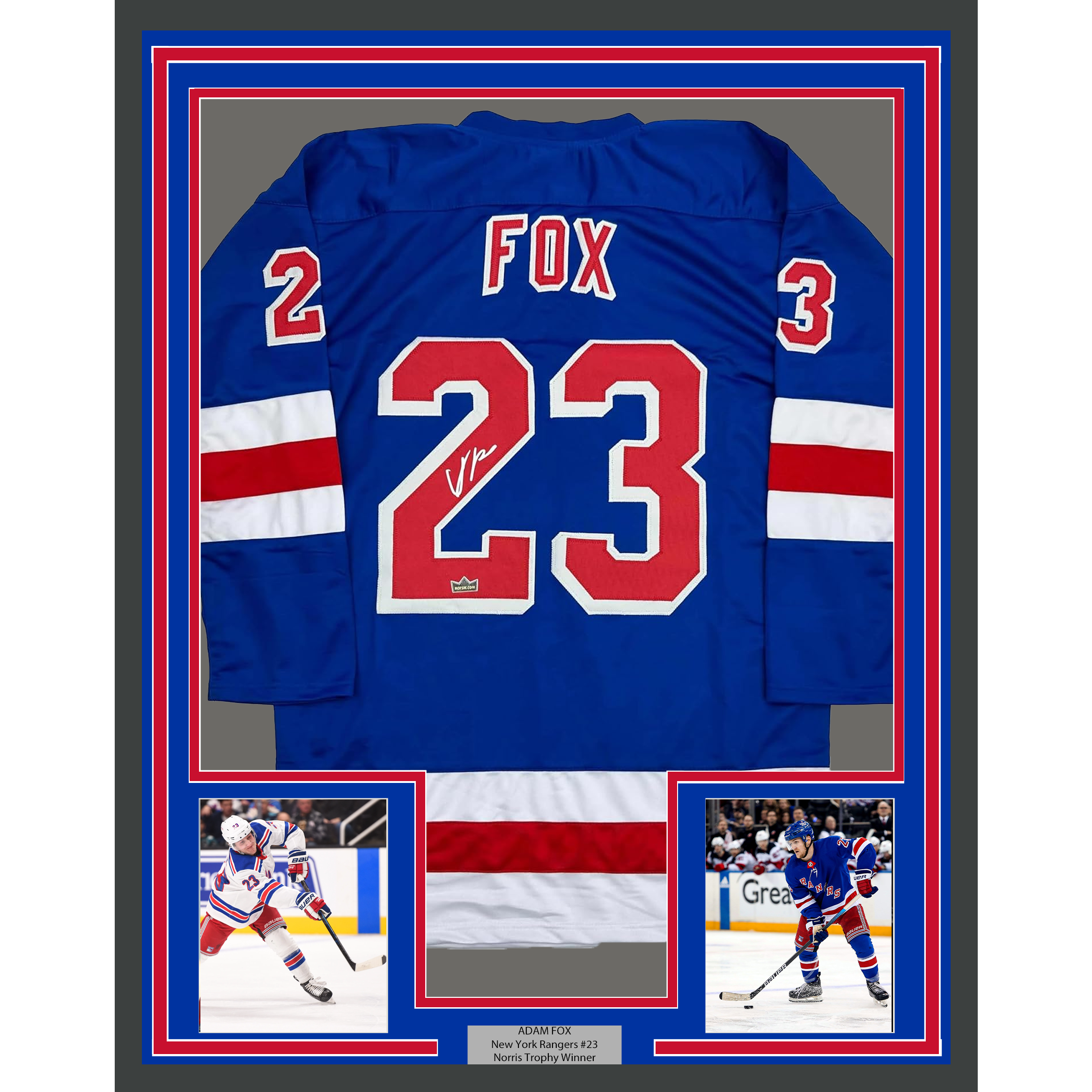 Framed Facsimile Autographed Adam Fox 35x39 New York Blue Reprint Laser Auto Hockey Jersey