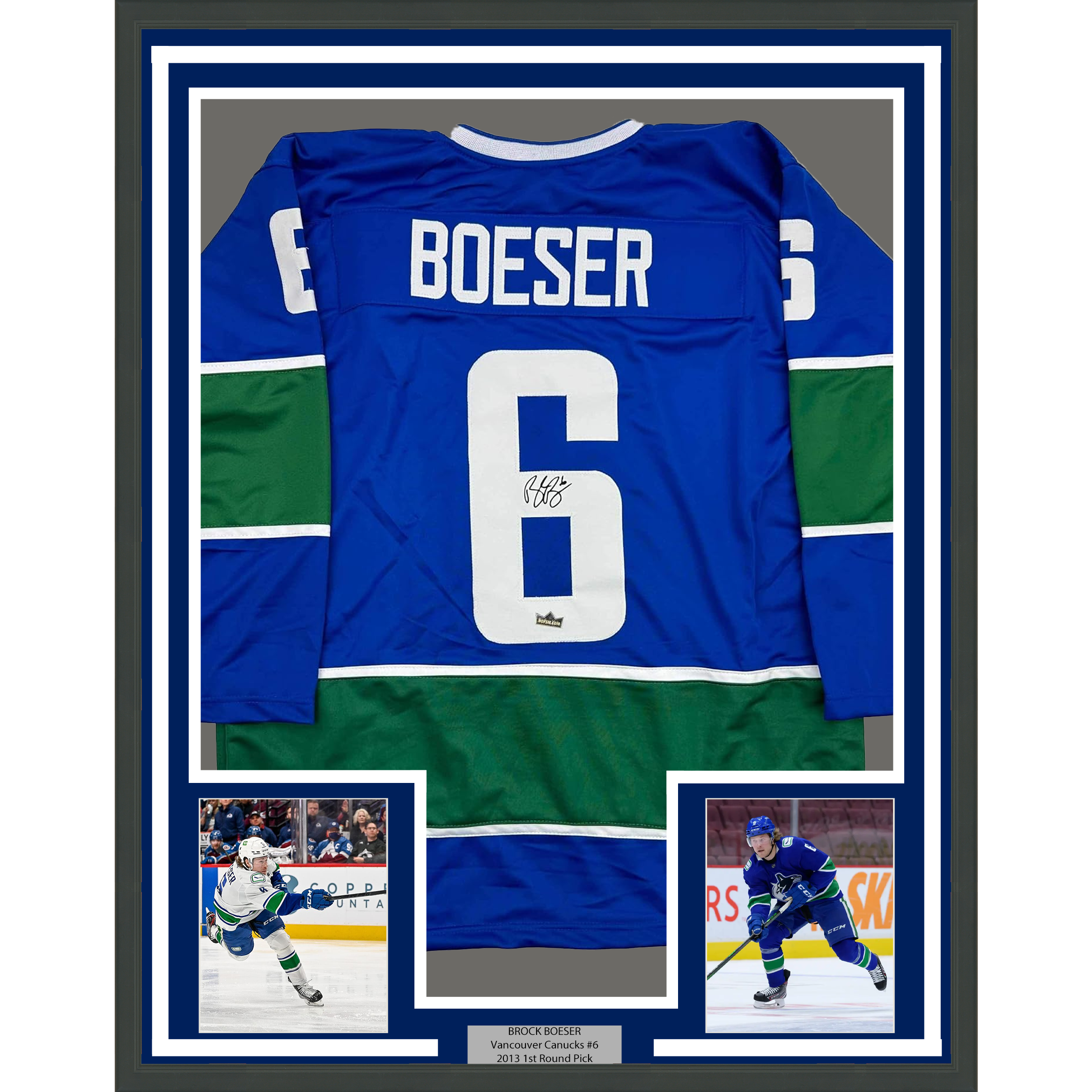 Framed Facsimile Autographed Brock Boeser 35x39 Vancouver Blue Reprint Laser Auto Hockey Jersey