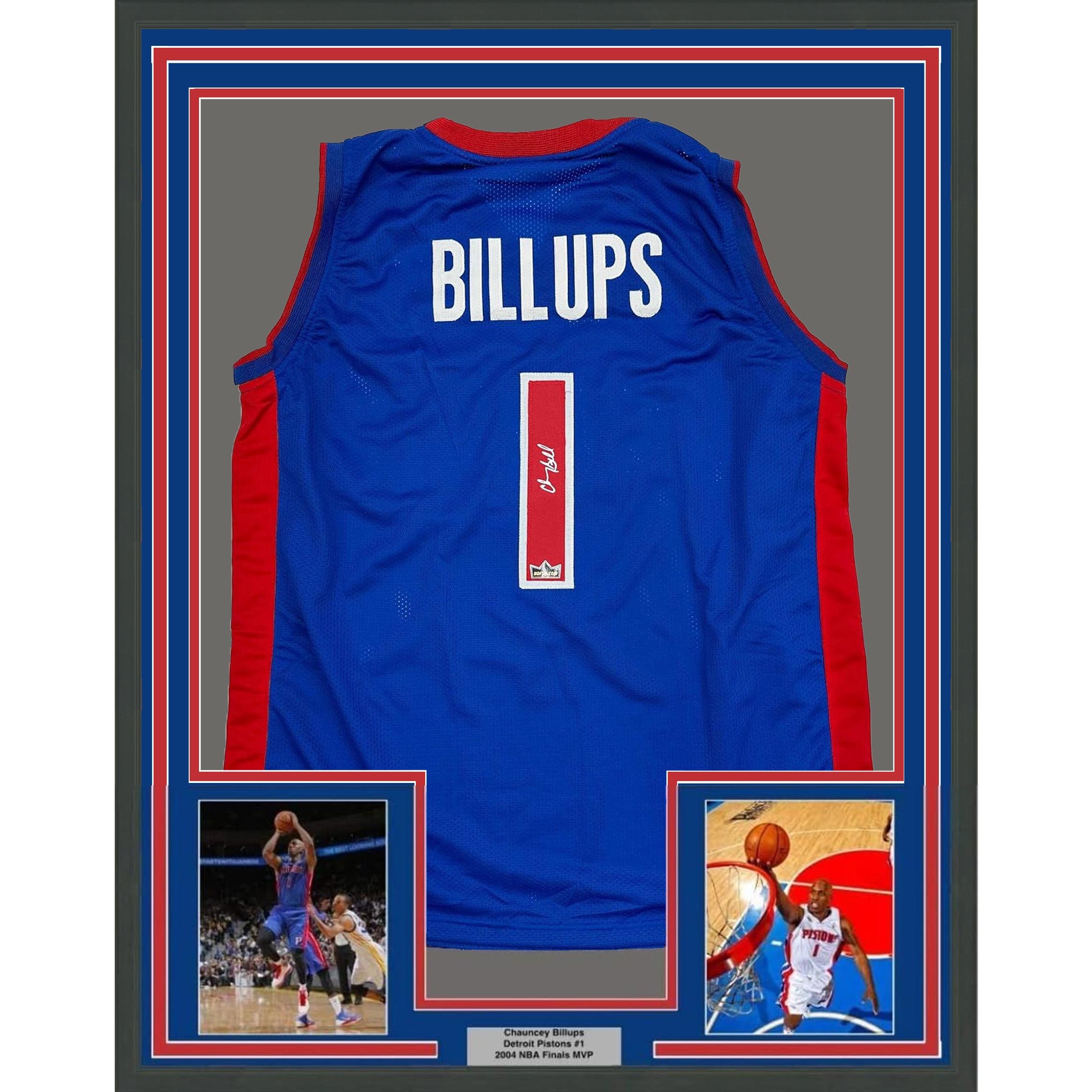 Framed Facsimile Autographed Chauncey Billups 35x39 Detroit Blue Reprint Laser Auto Basketball Jersey