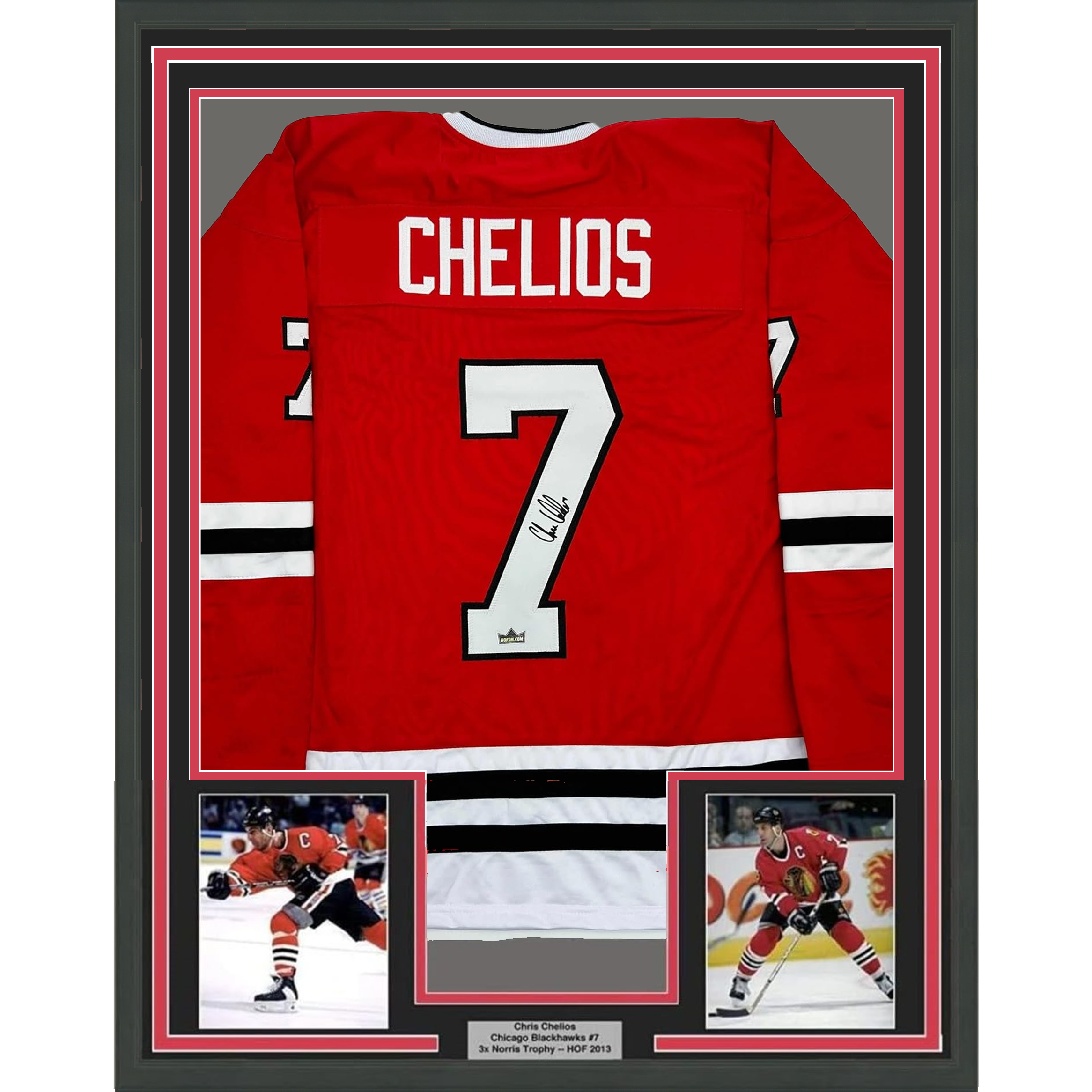 Framed Facsimile Autographed Chris Chelios 35x39 Chicago Red Reprint Laser Auto Hockey Jersey