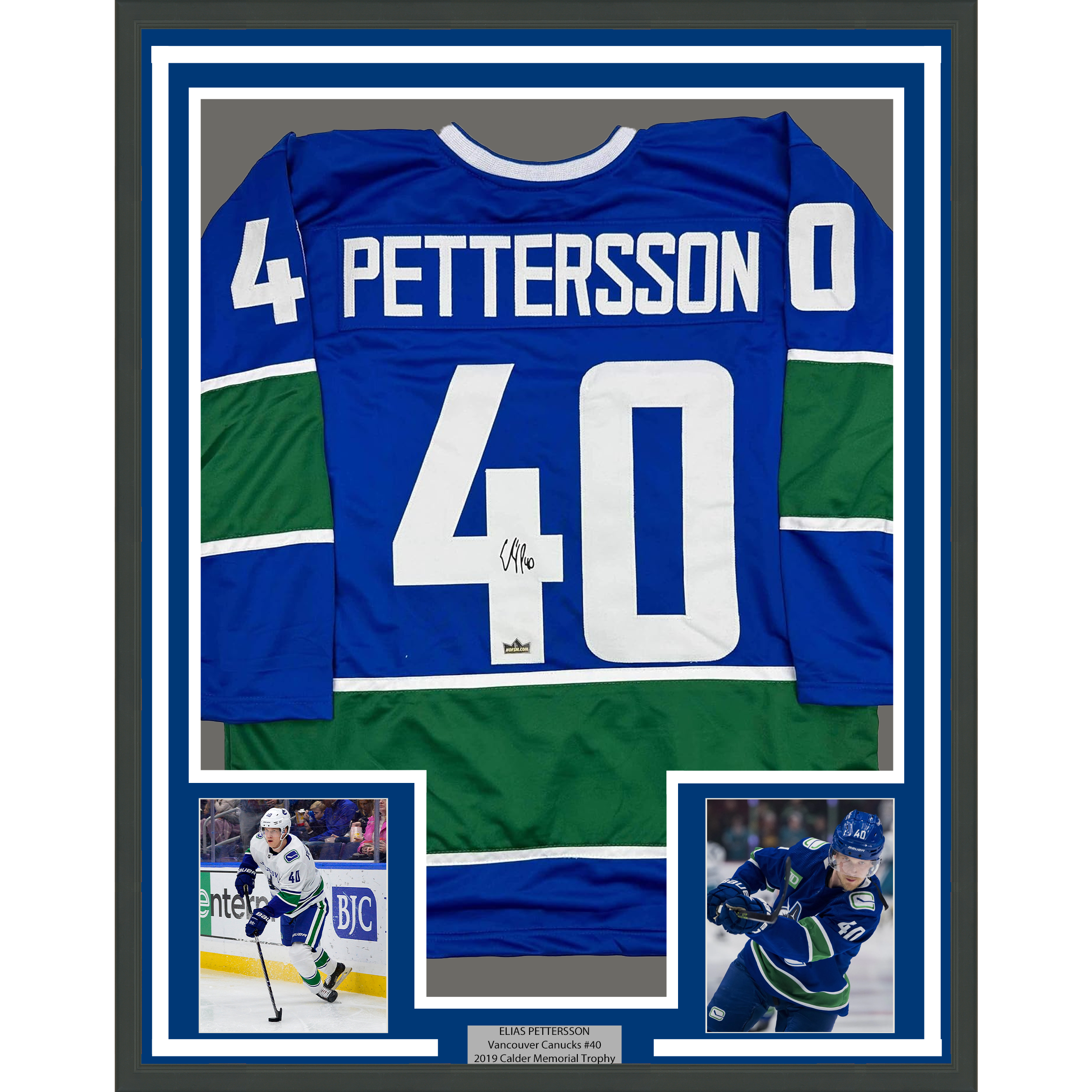 Framed Facsimile Autographed Elias Pettersson 35x39 Vancouver Blue Reprint Laser Auto Hockey Jersey