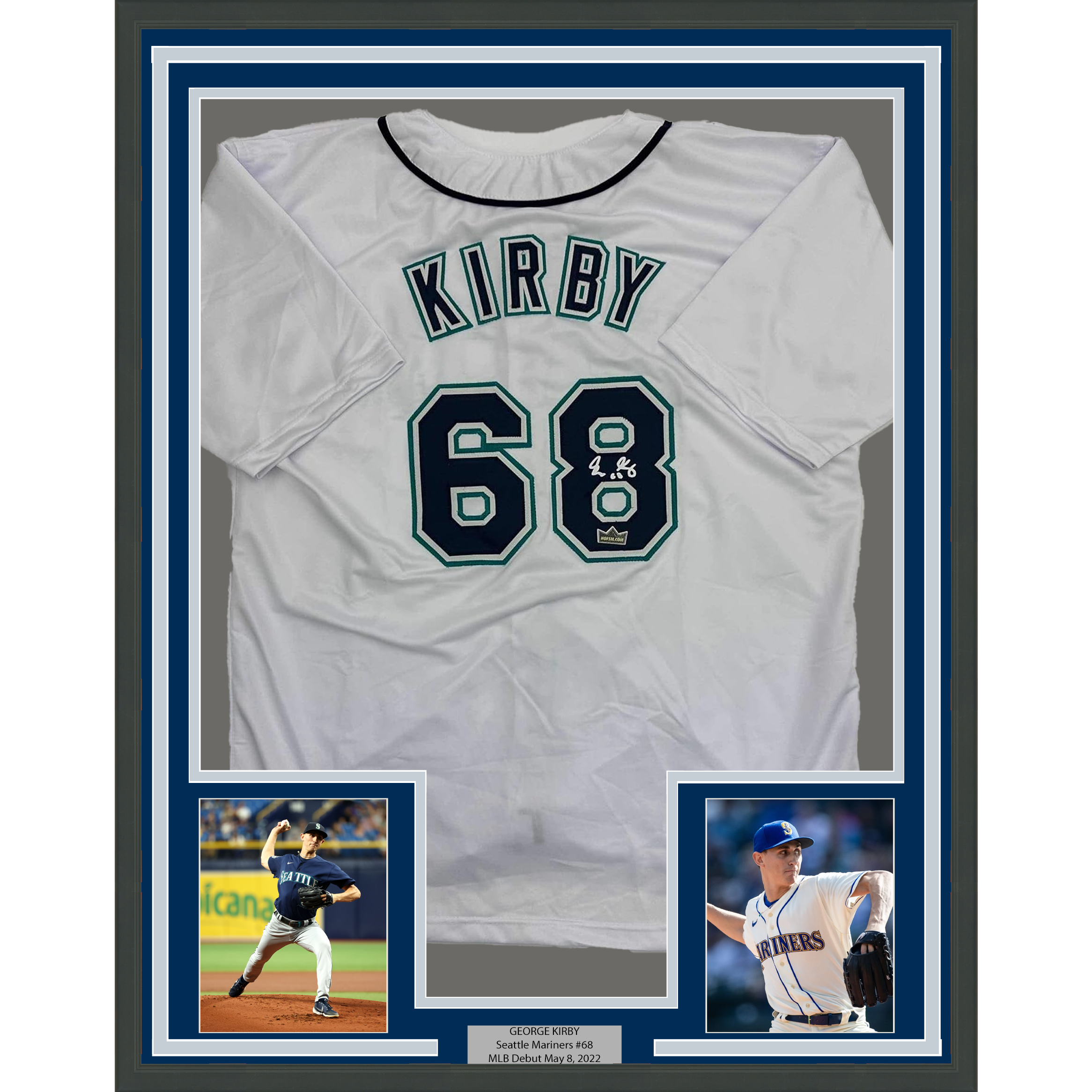 Framed Facsimile Autographed George Kirby 35x39 Seattle White Reprint Laser Auto Baseball Jersey