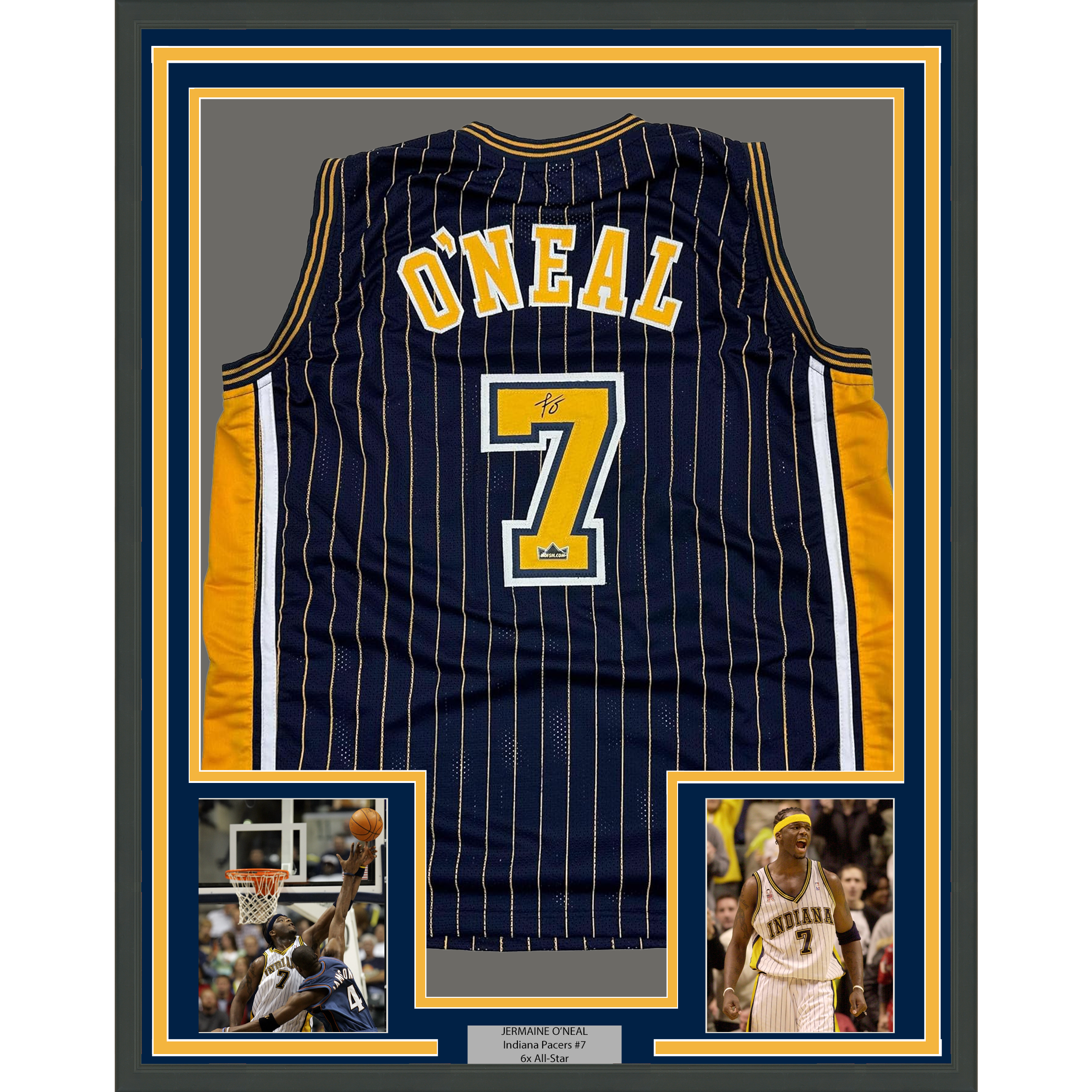 Framed Facsimile Autographed Jermaine O'Neal 35x39 Indiana Blue Pinstripe Reprint Laser Auto Basketball Jersey