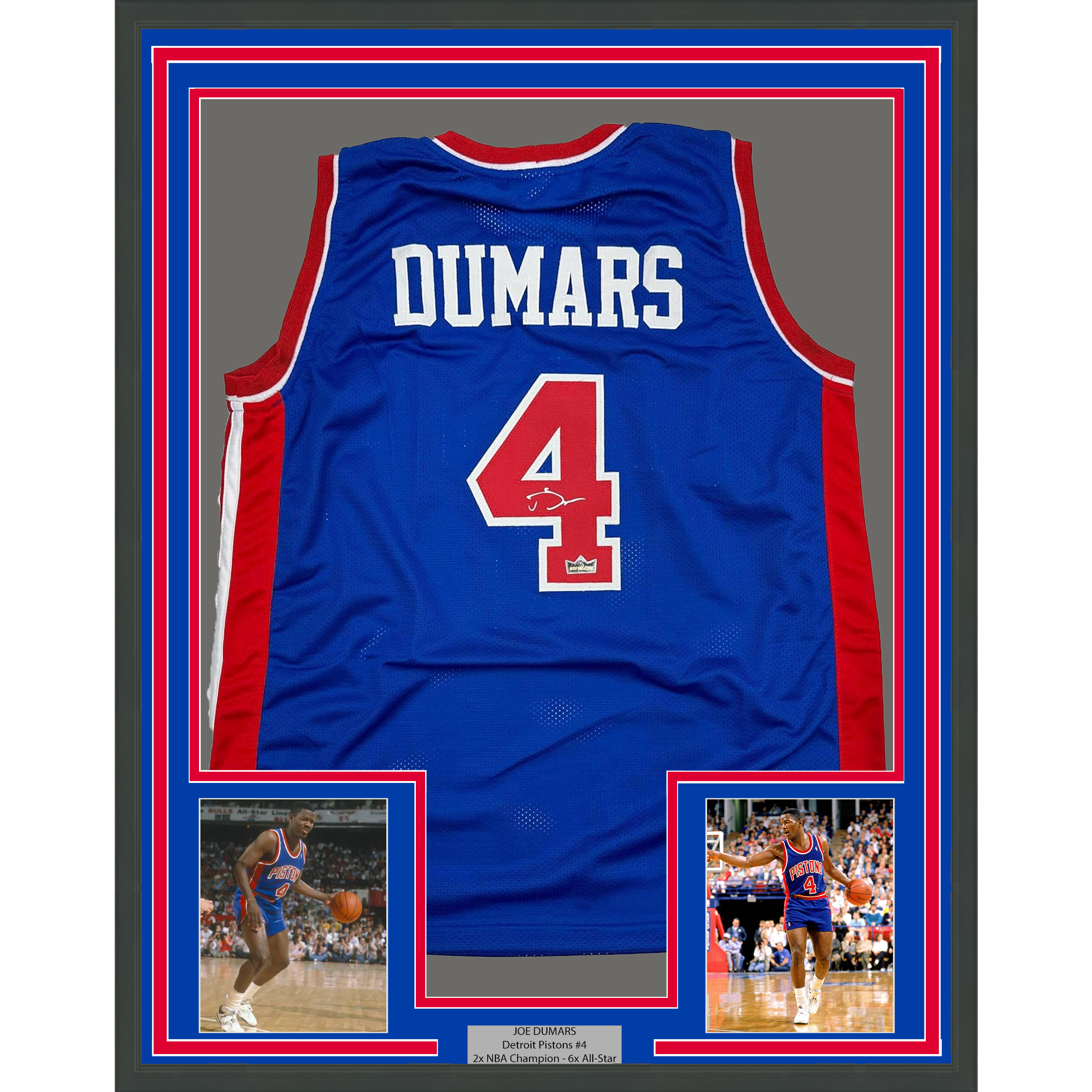 Framed Facsimile Autographed Joe Dumars 35x39 Detroit Blue Reprint Laser Auto Basketball Jersey