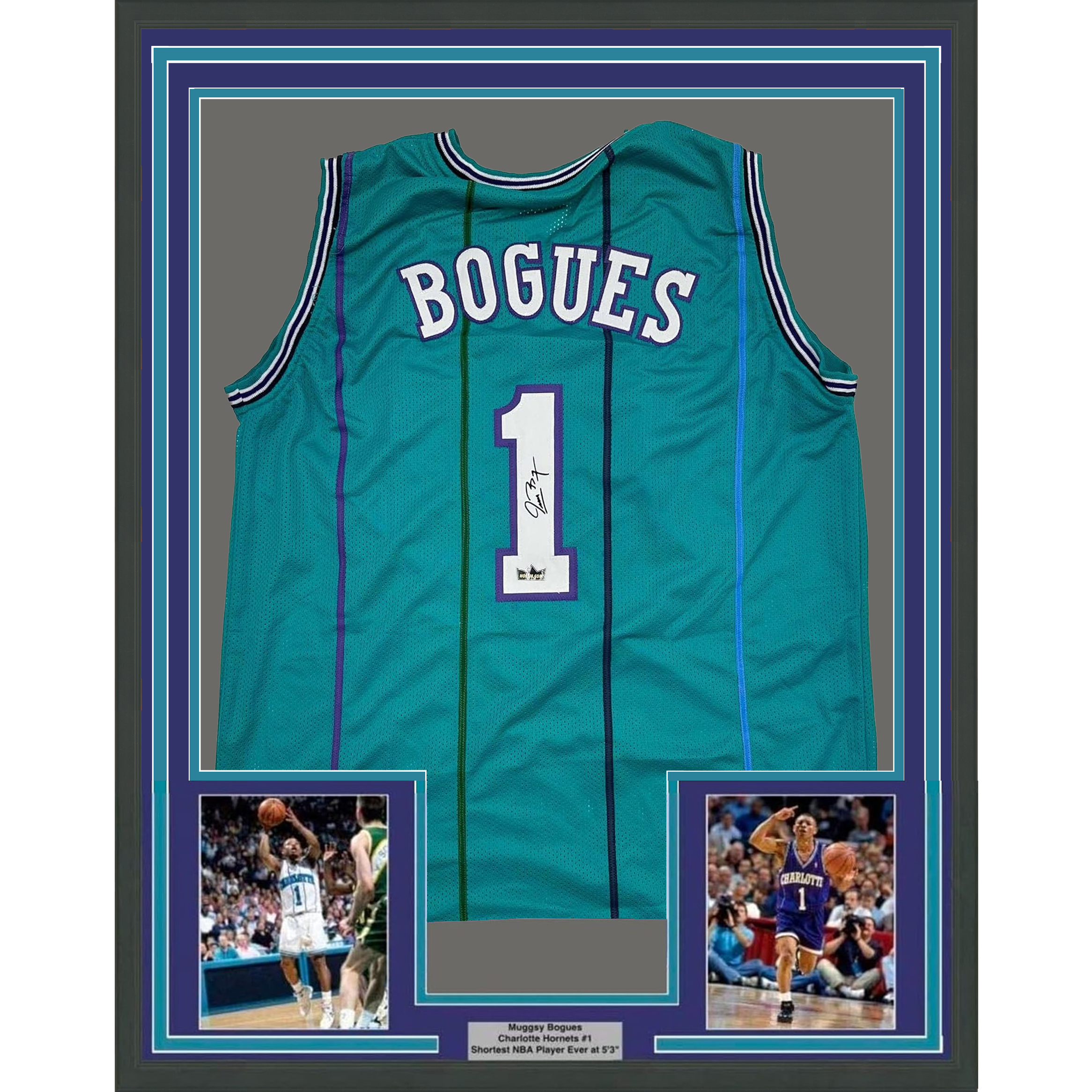 Framed Facsimile Autographed Muggsy Bogues 35x39 Charlotte Teal Reprint Laser Auto Basketball Jersey