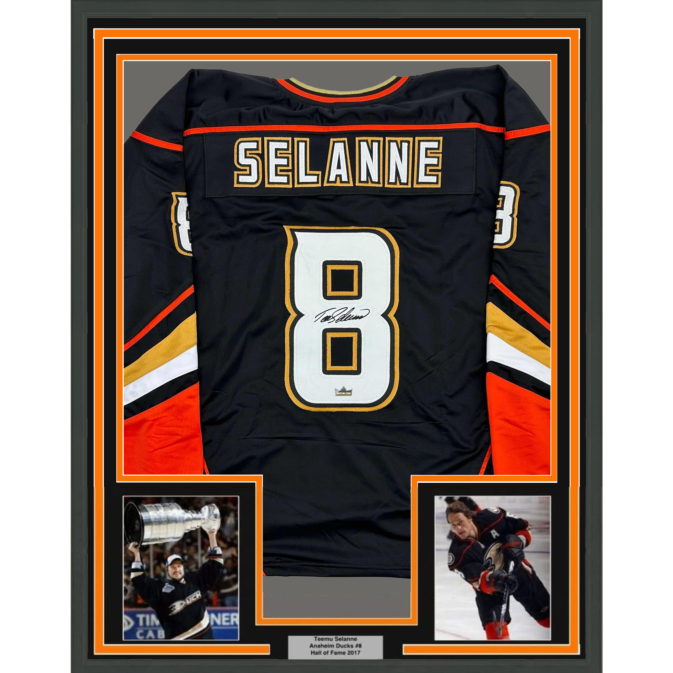 Framed Facsimile Autographed Teemu Selanne 35x39 Anaheim Black Reprint Laser Auto Hockey Jersey