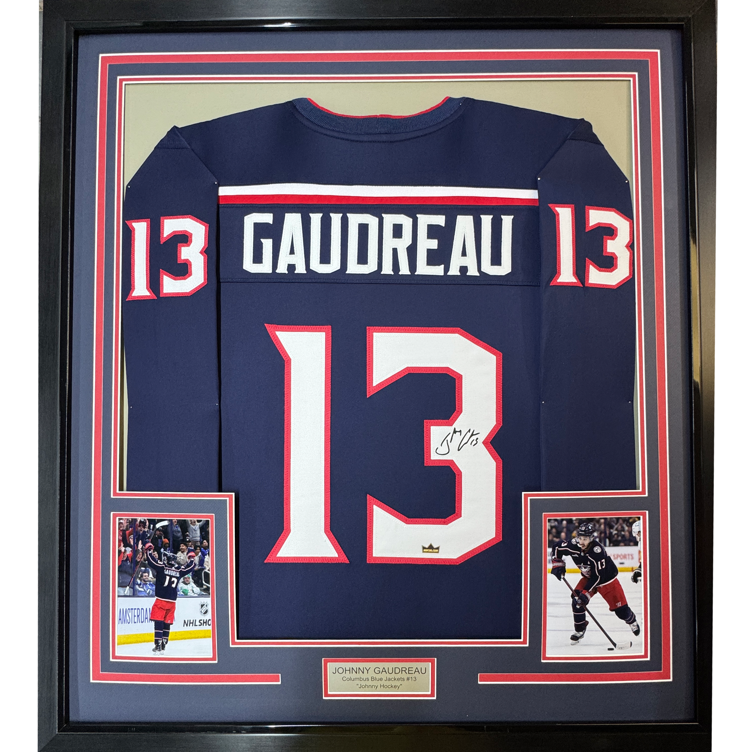 Framed Facsimile Autographed Johnny Gaudreau 35x39 Columbus Blue Reprint Laser Auto Hockey Jersey