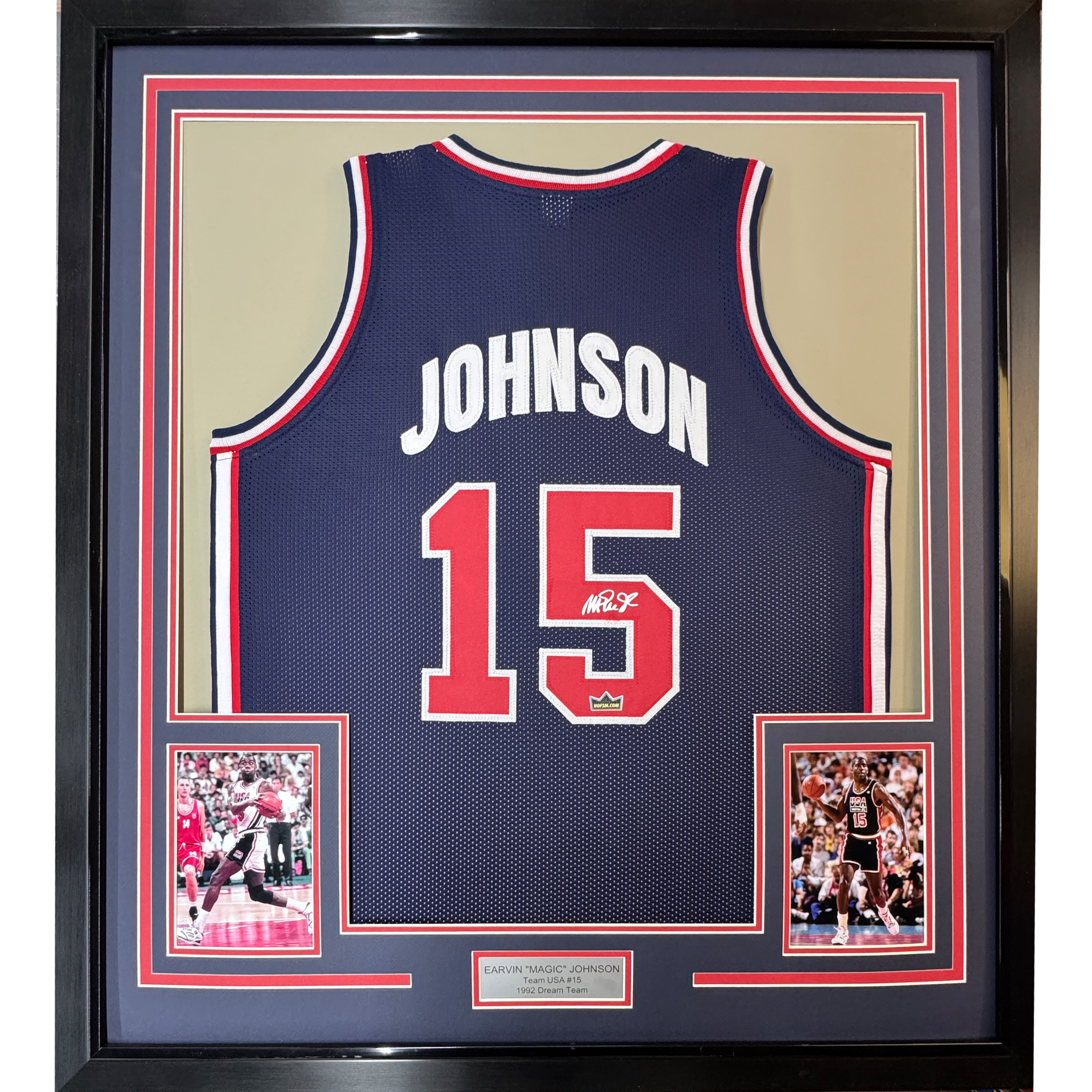 Framed Facsimile Autographed Earvin Magic Johnson 35x39 United States Team USA Olympics Blue Reprint Laser Auto Basketball Jersey