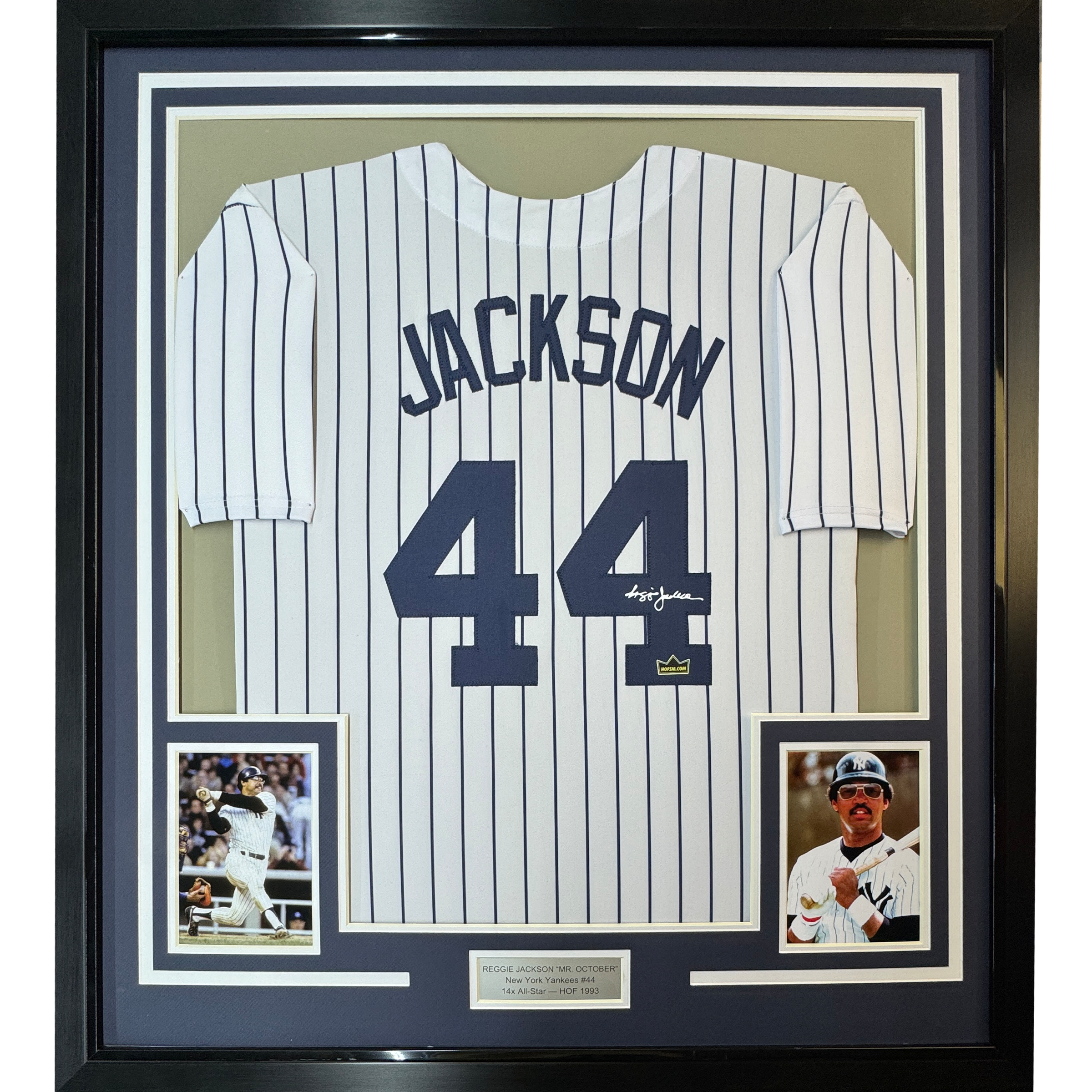 Framed Facsimile Autographed Reggie Jackson 35x39 New York Pinstripe Reprint Laser Auto Baseball Jersey