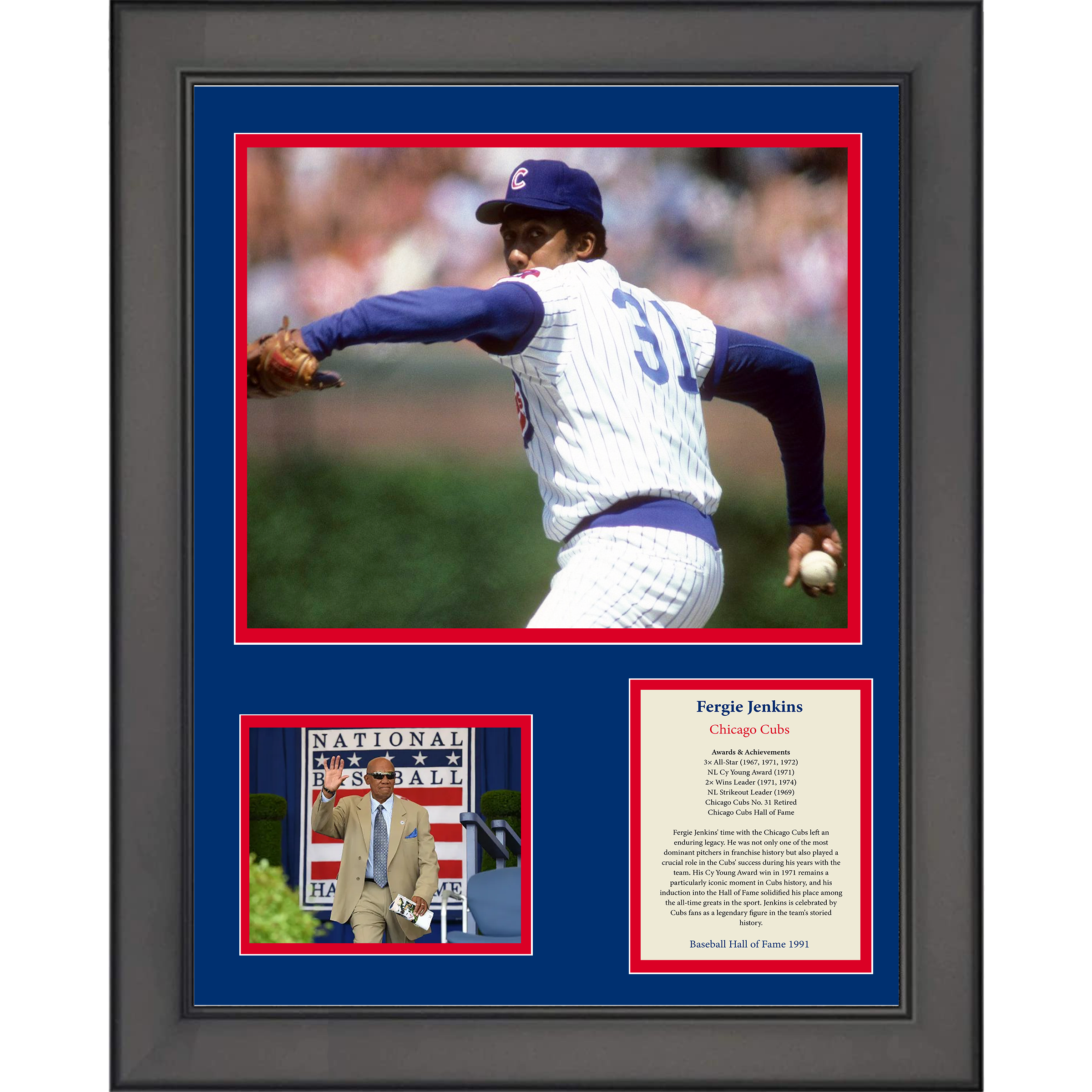 Framed Fergie Jenkins Hall of Fame Baseball 11"x14" Three Photo Collage