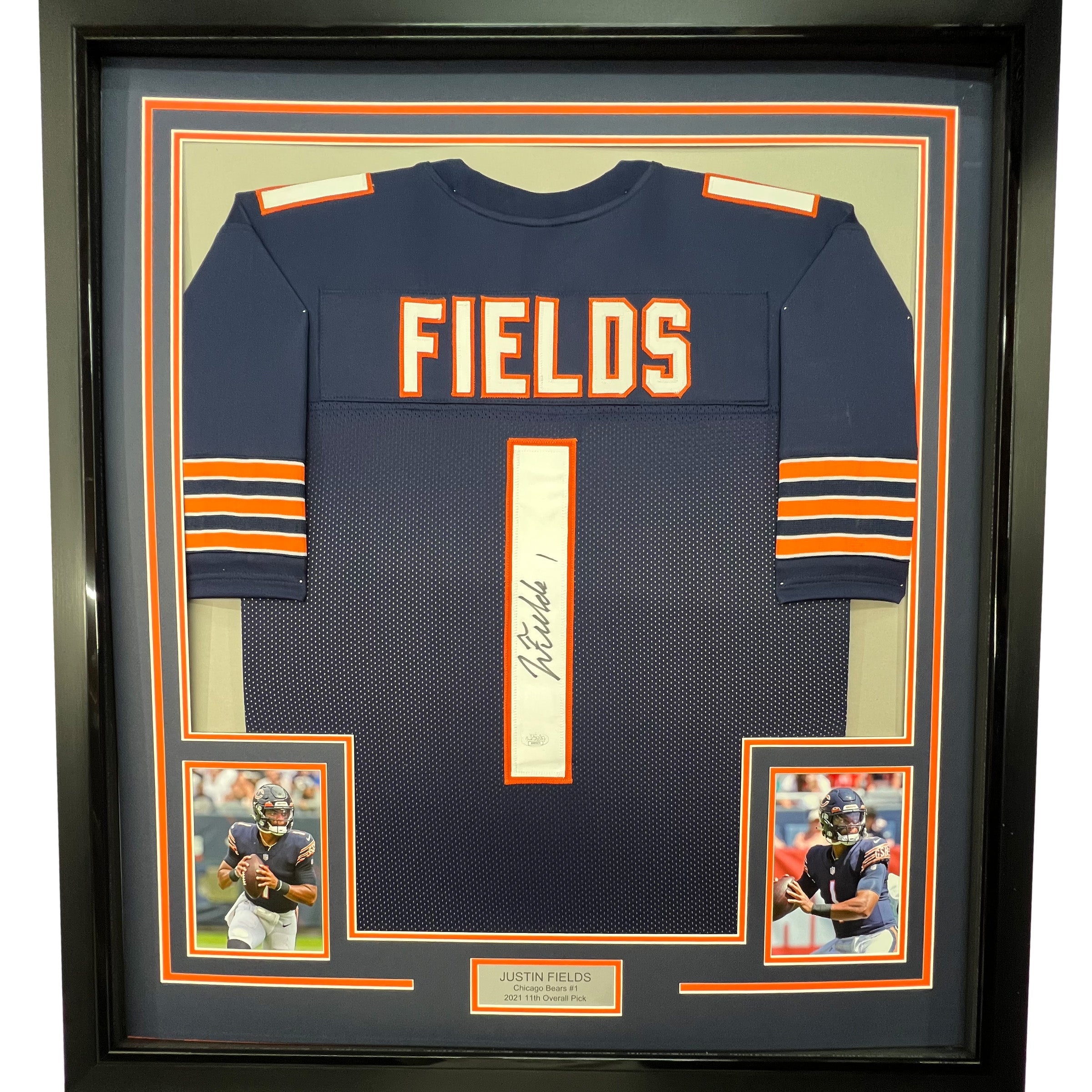 Framed Autographed/Signed Justin Fields 35x39 Chicago Blue Football Jersey JSA COA