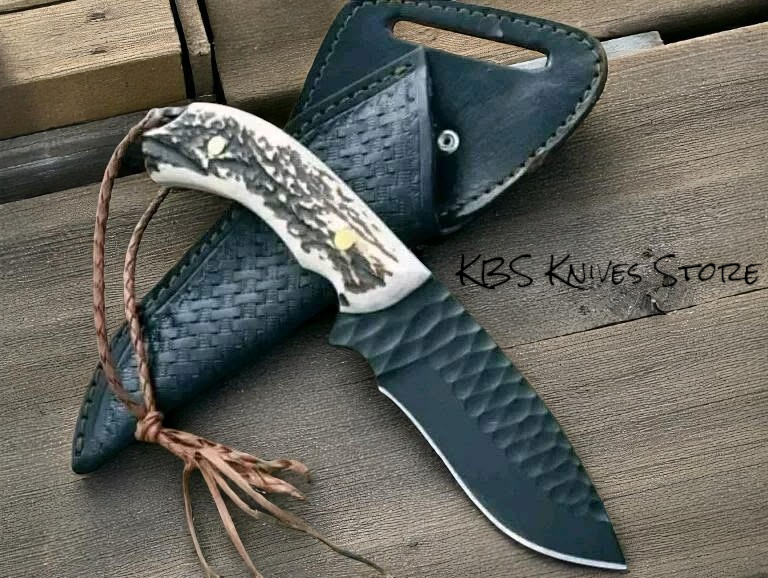 Custom Fixed Blade Cowboy Knife with Sheath - 4.5 Inch Hand Forged D2 Steel Antler Handle