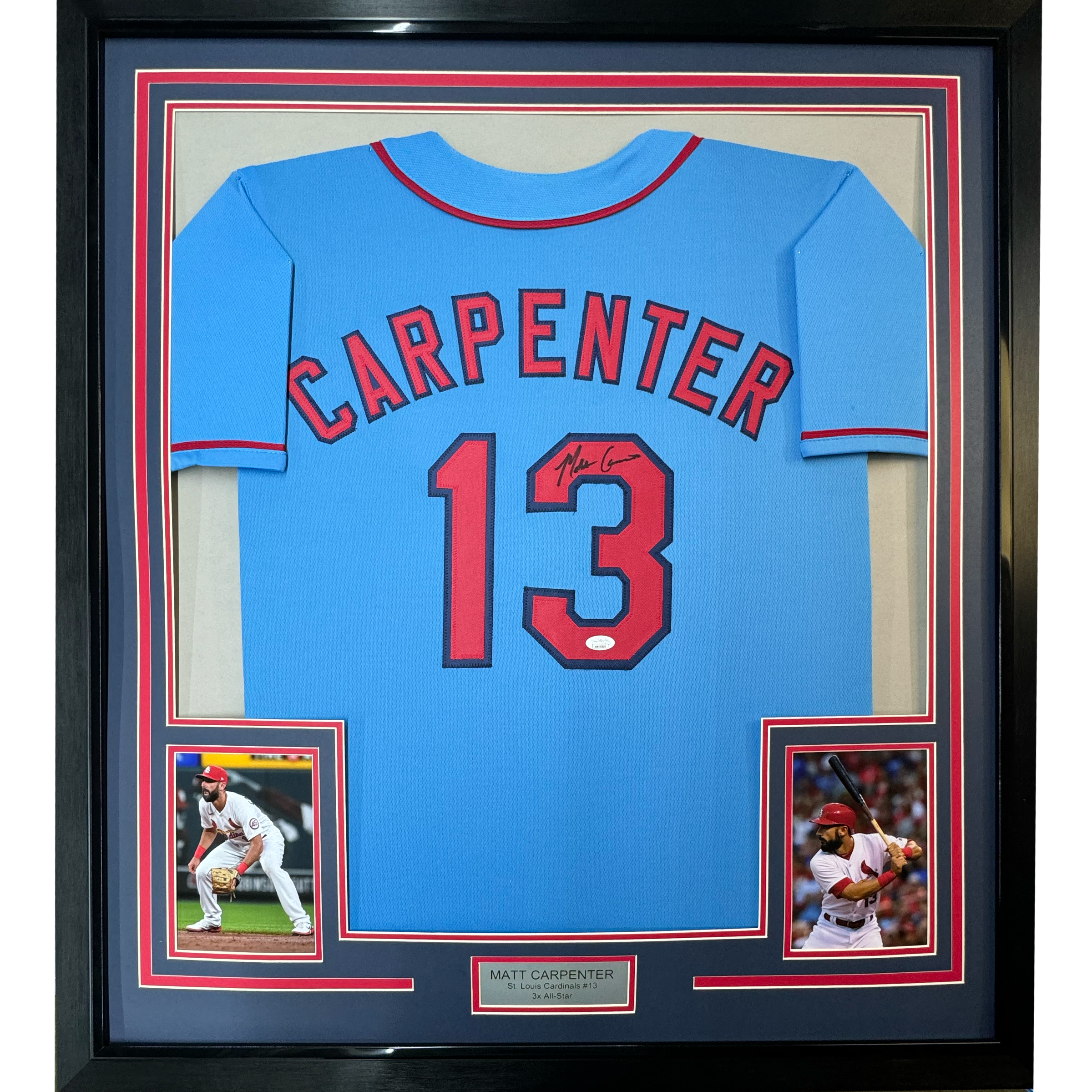 Framed Autographed/Signed Matt Carpenter 35x39 St. Louis Blue Baseball Jersey JSA COA