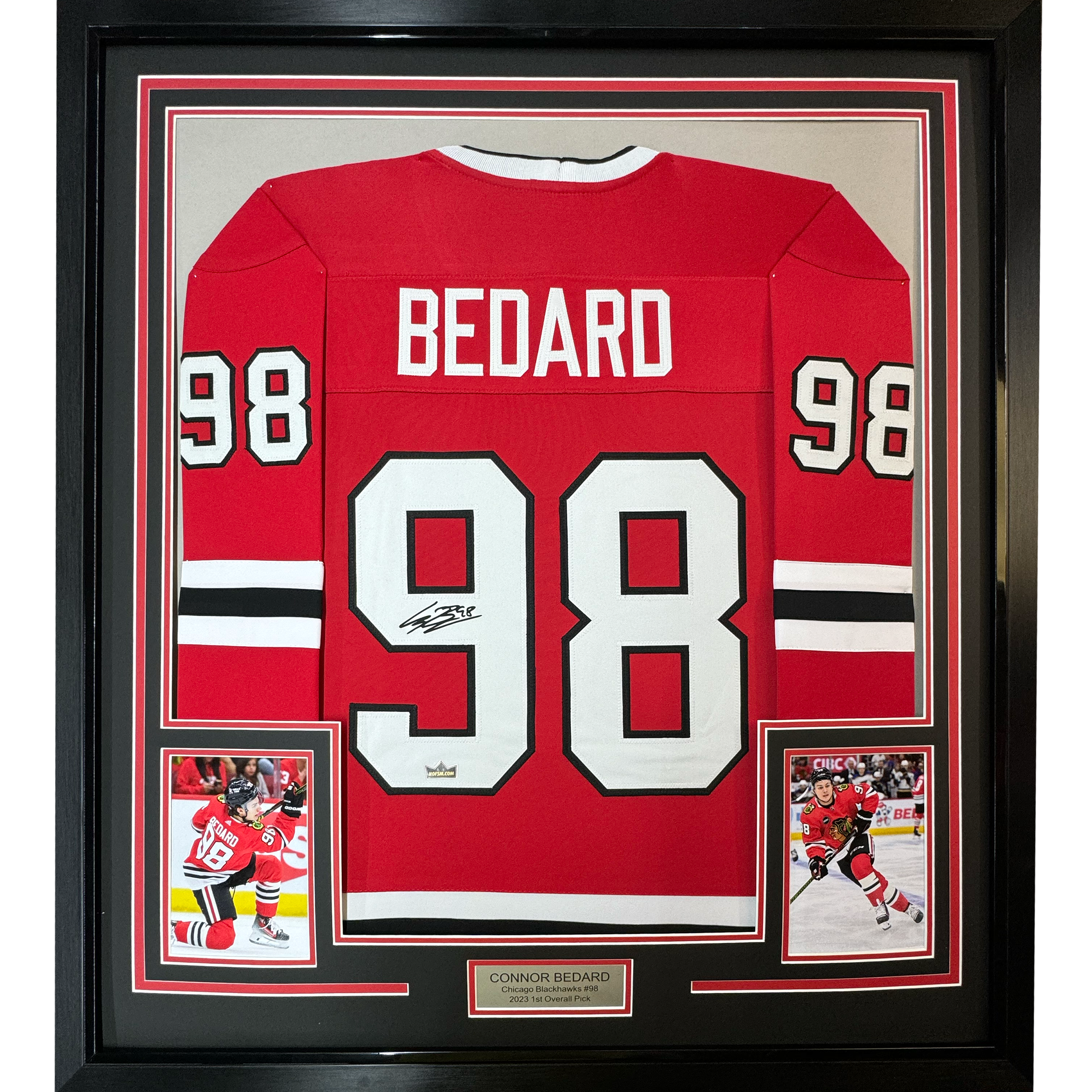 Framed Facsimile Autographed Connor Bedard 35x39 Chicago Red Reprint Laser Auto Hockey Jersey