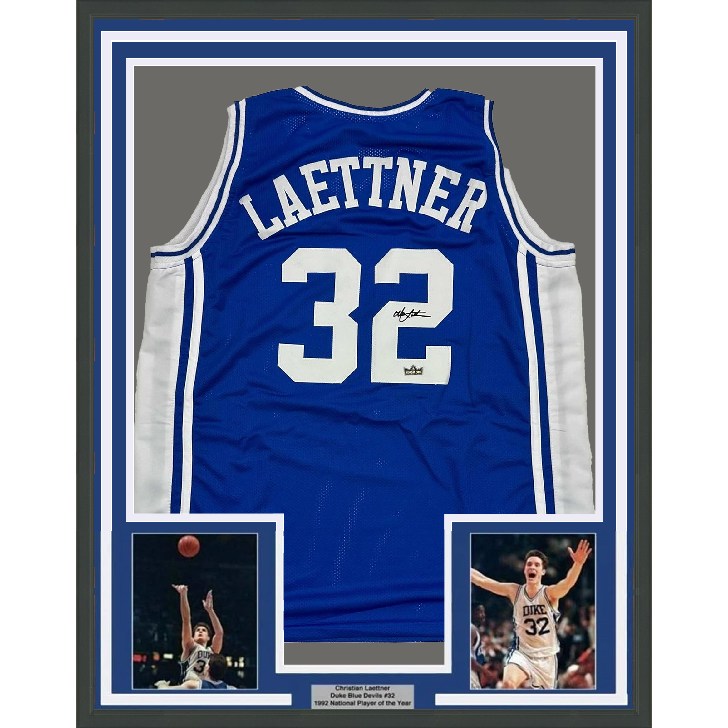 Framed Facsimile Autographed Christian Laettner 35x39 Duke Blue Reprint Laser Auto College Basketball Jersey