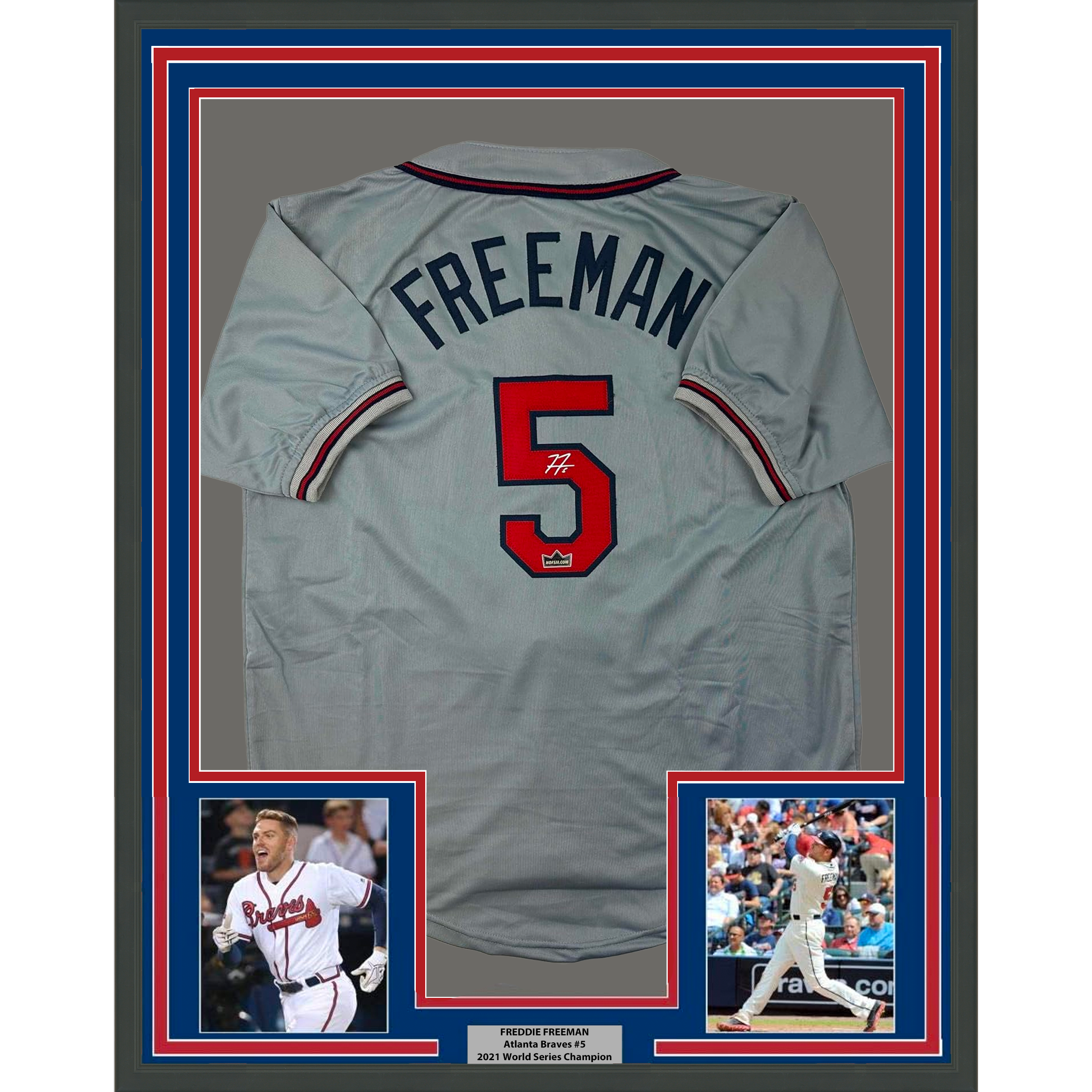 Framed Facsimile Autographed Freddie Freeman 35x39 Atlanta Grey Reprint Laser Auto Baseball Jersey