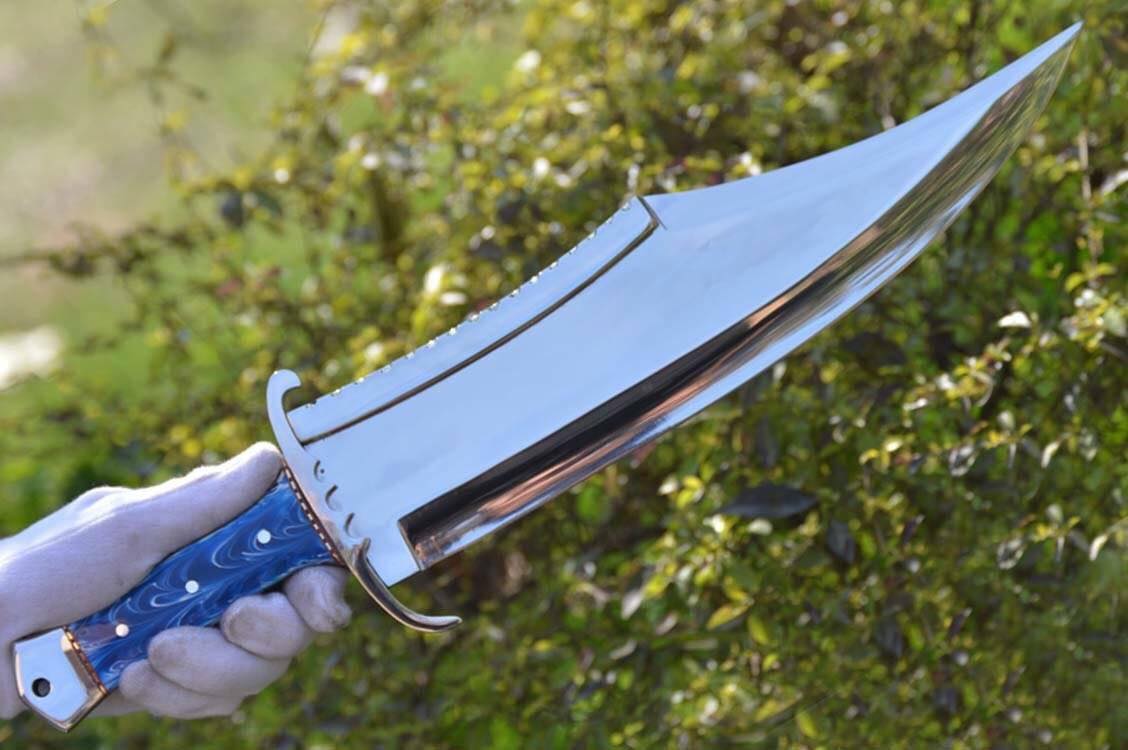Full Tang Bowie Knife with Leather Sheath for Sale – Custom Handmade Mirror Polished D2 Steel Blade, Epoxy Resin Handle, Steel Guard & Brass Spacers | 17-Inch Hunting Knife – KBS Knives